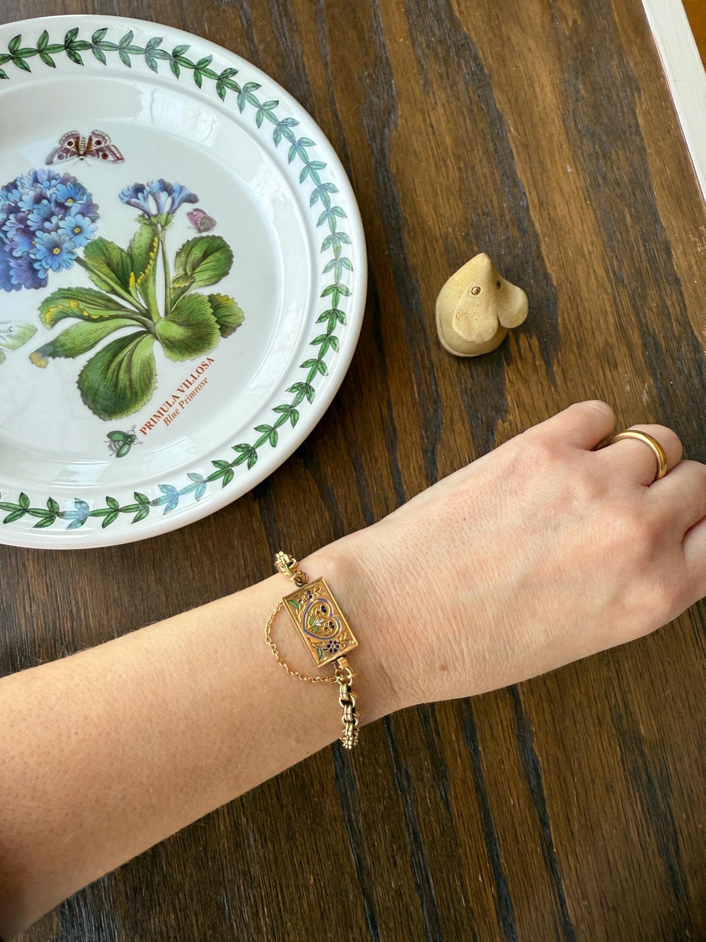 HEART Antique Chain BRACELET 18k Gold Solid Floral PANSY Forget Me Not Reversible Clasp 6.6g Think of Me French Traditional Enamel