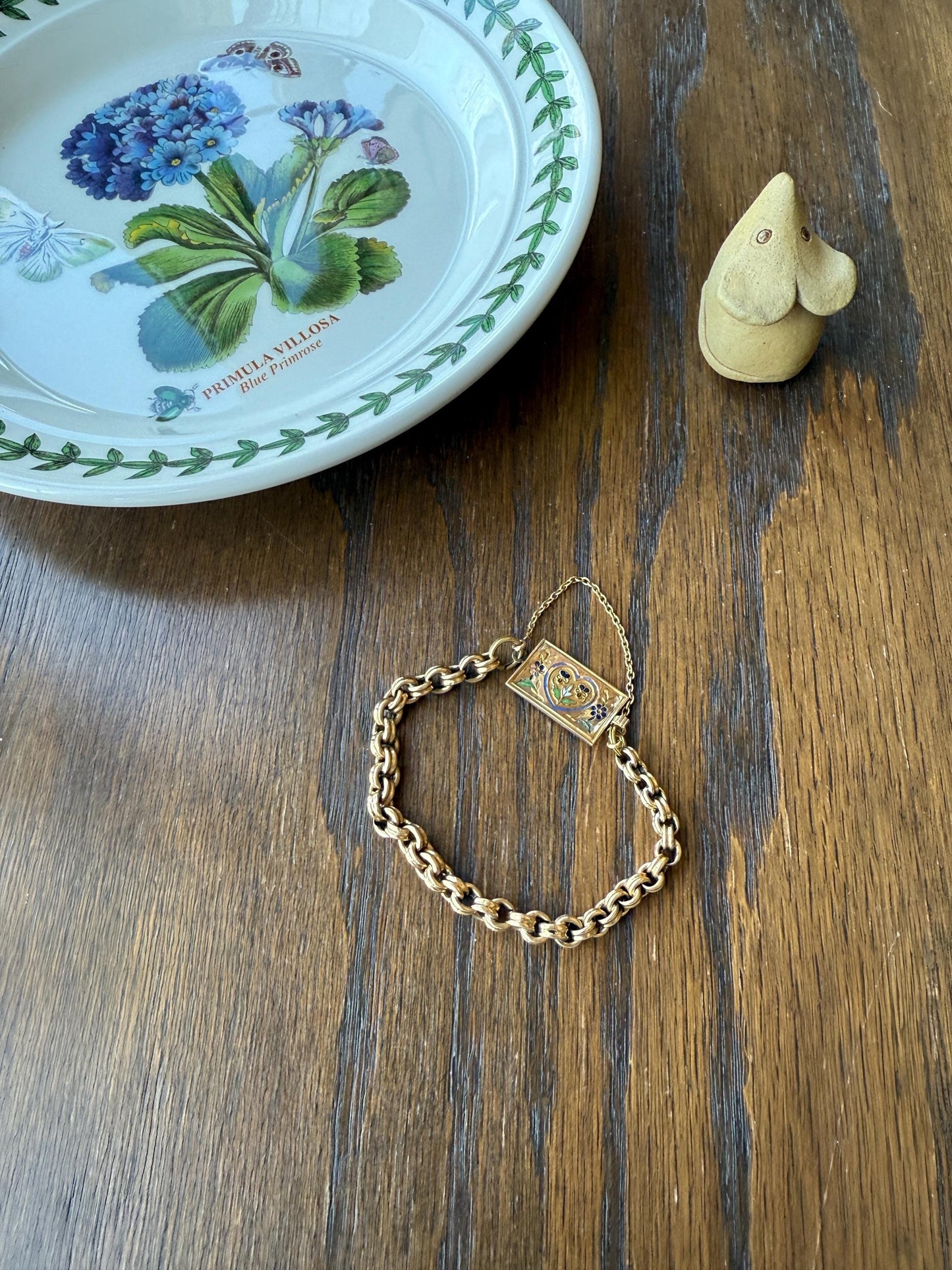 HEART Antique Chain BRACELET 18k Gold Solid Floral PANSY Forget Me Not Reversible Clasp 6.6g Think of Me French Traditional Enamel