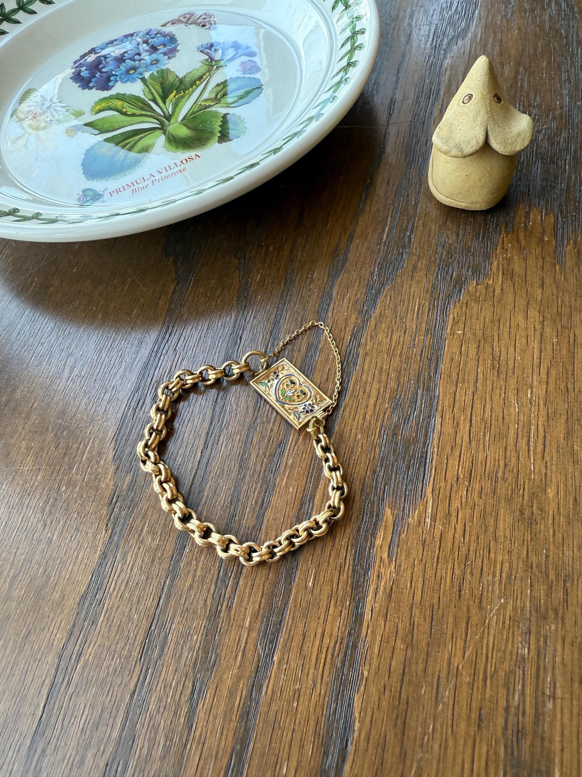 HEART Antique Chain BRACELET 18k Gold Solid Floral PANSY Forget Me Not Reversible Clasp 6.6g Think of Me French Traditional Enamel