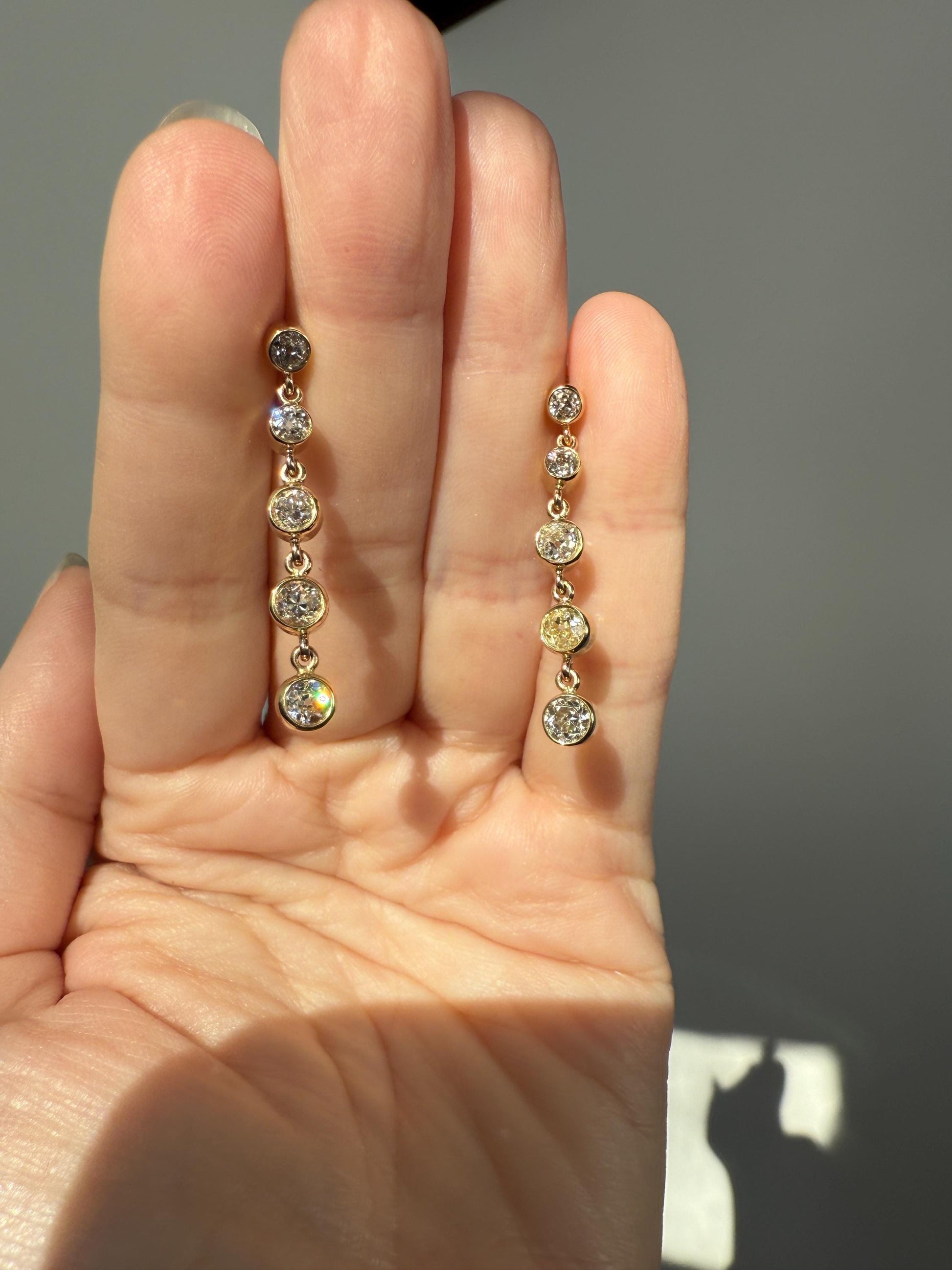 Vintage Dangle Earrings Ten Antique 2.2 Carats Old Mine Cut DIAMOND 18k Gold Linear Five Stone Bezel Set Long Sparklers