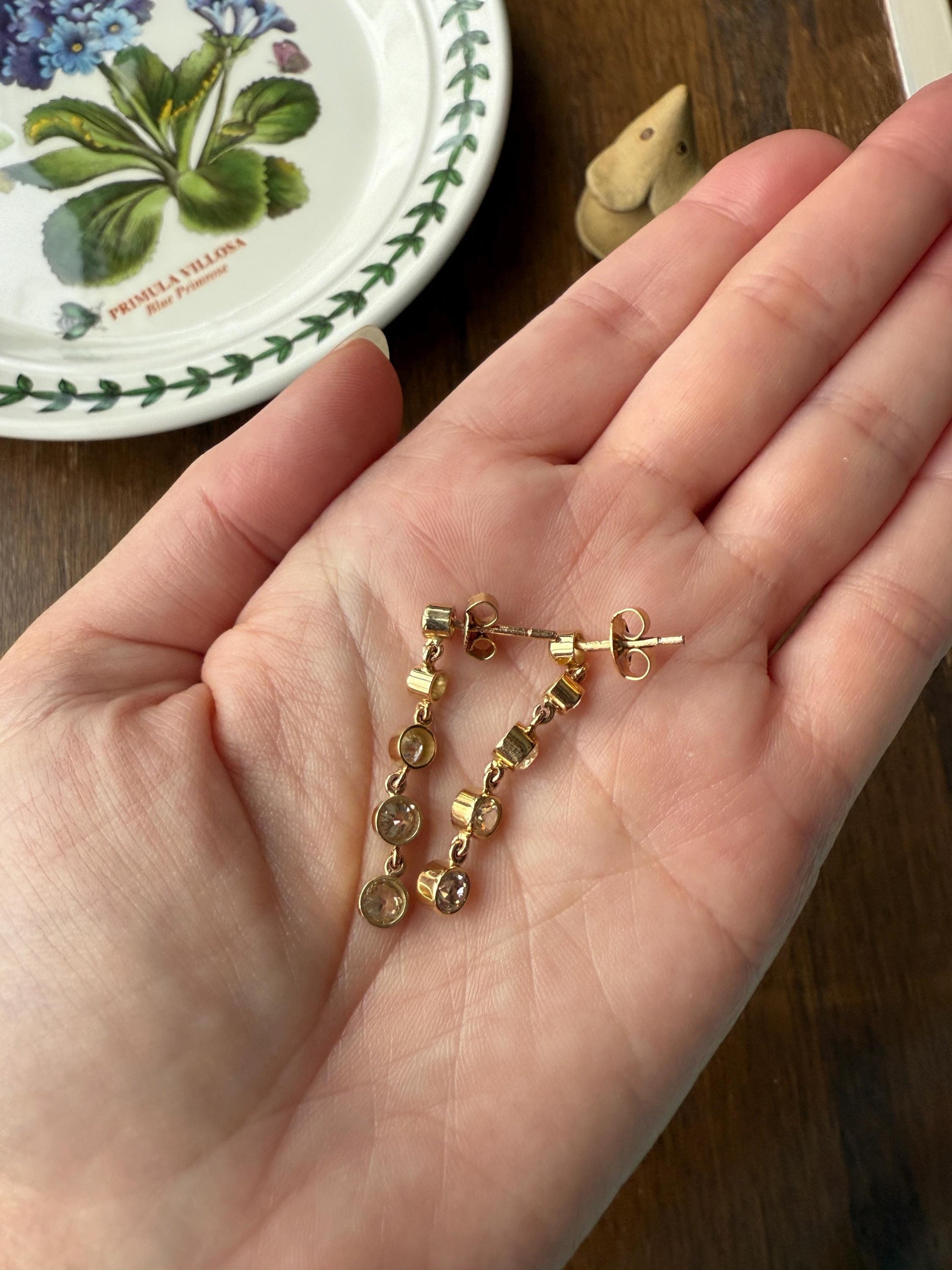 Vintage Dangle Earrings Ten Antique 2.2 Carats Old Mine Cut DIAMOND 18k Gold Linear Five Stone Bezel Set Long Sparklers