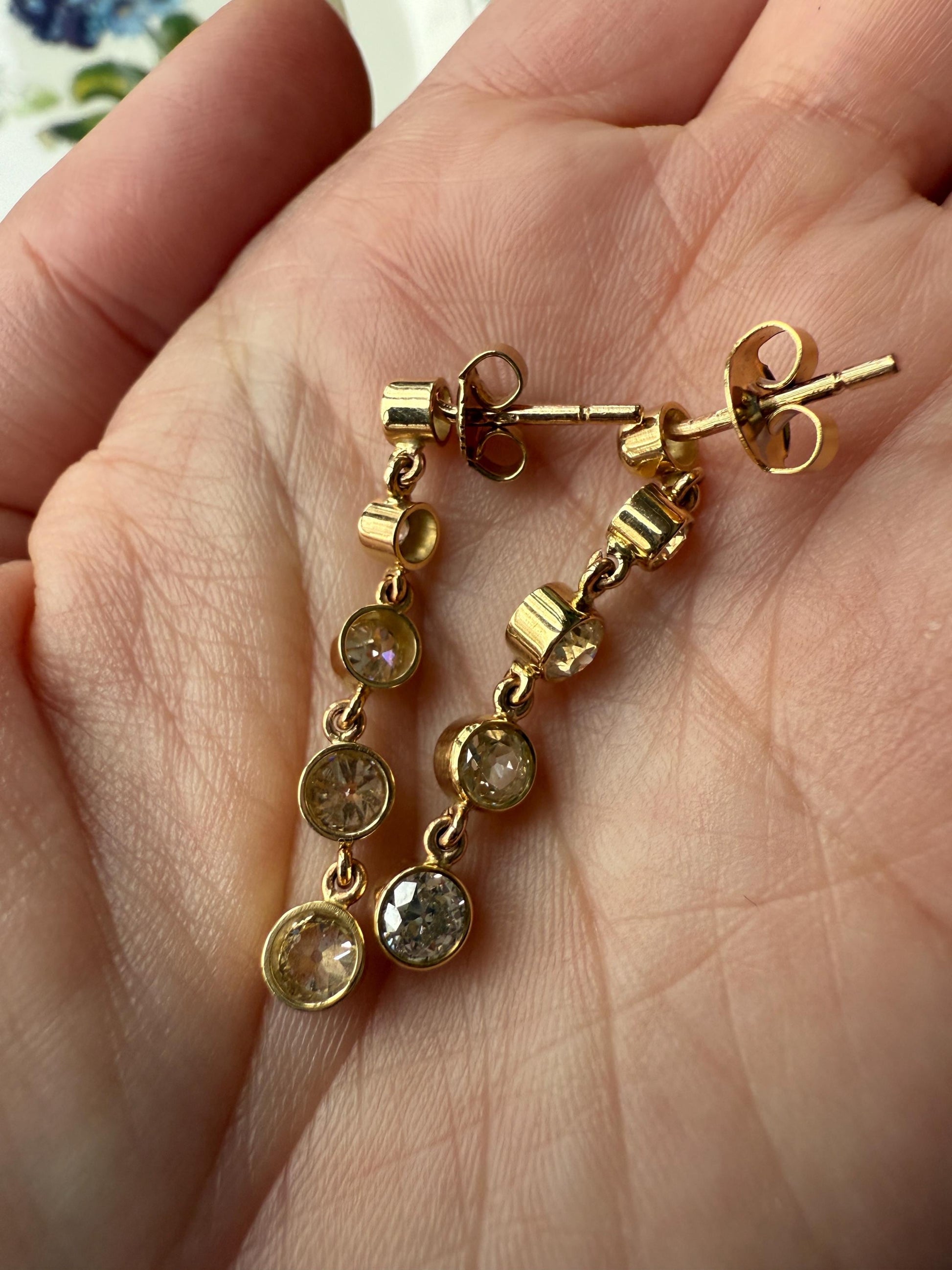 Vintage Dangle Earrings Ten Antique 2.2 Carats Old Mine Cut DIAMOND 18k Gold Linear Five Stone Bezel Set Long Sparklers
