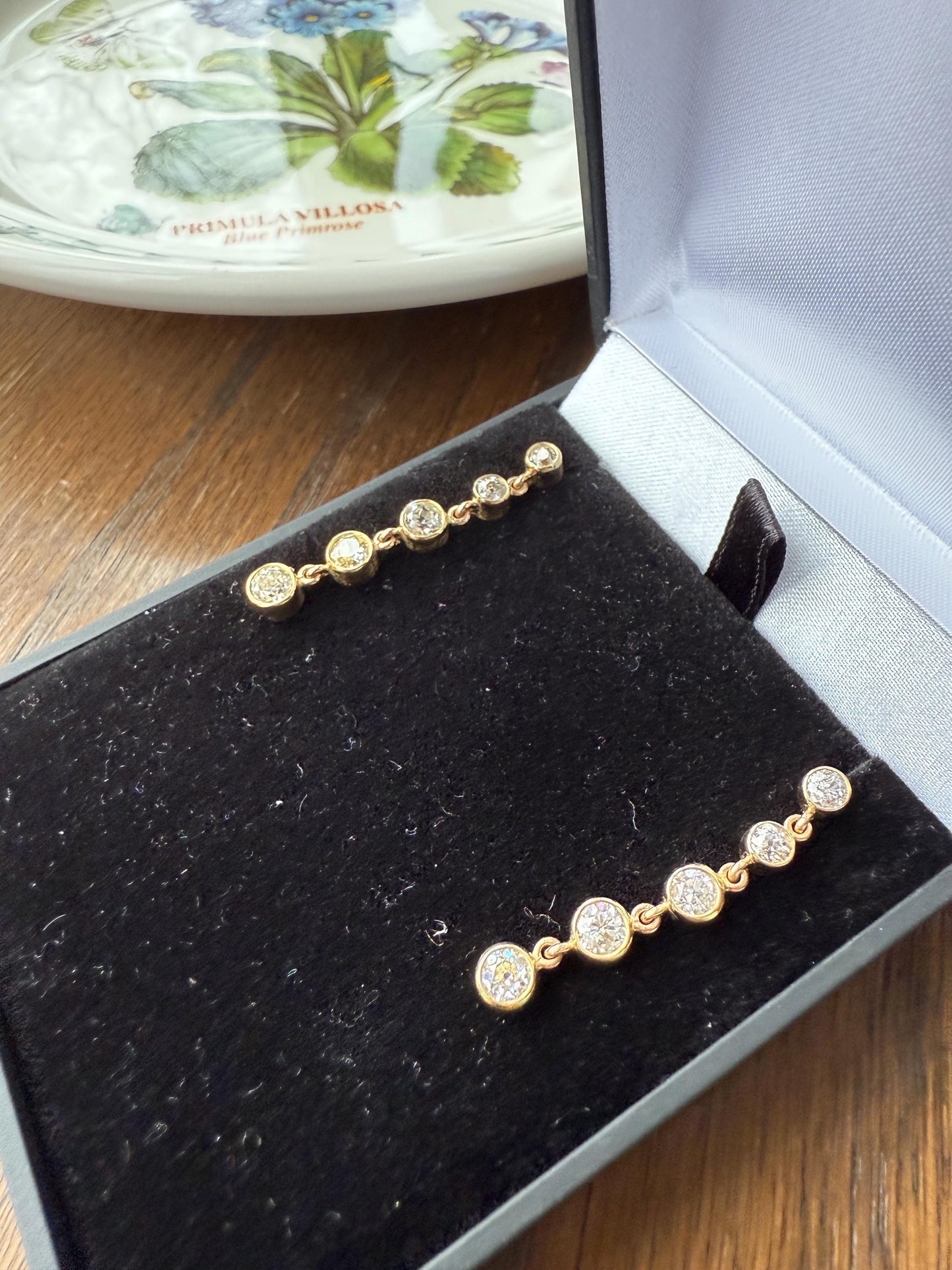 Vintage Dangle Earrings Ten Antique 2.2 Carats Old Mine Cut DIAMOND 18k Gold Linear Five Stone Bezel Set Long Sparklers
