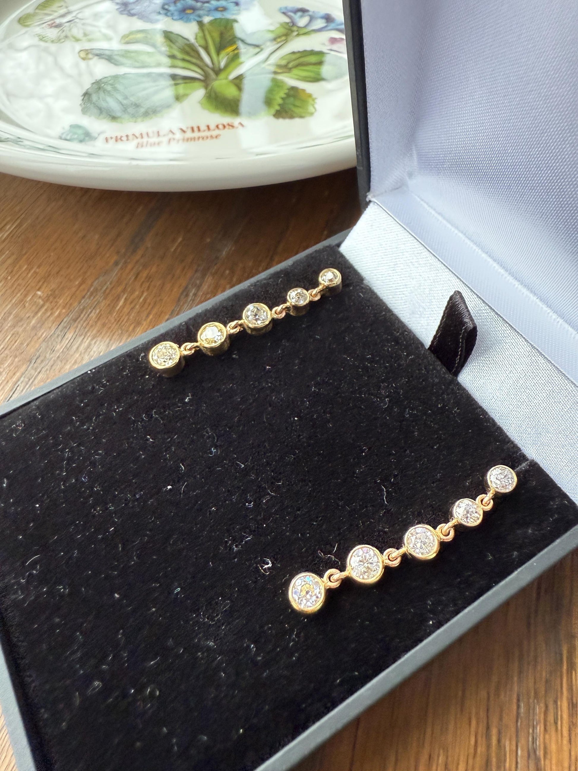 Vintage Dangle Earrings Ten Antique 2.2 Carats Old Mine Cut DIAMOND 18k Gold Linear Five Stone Bezel Set Long Sparklers