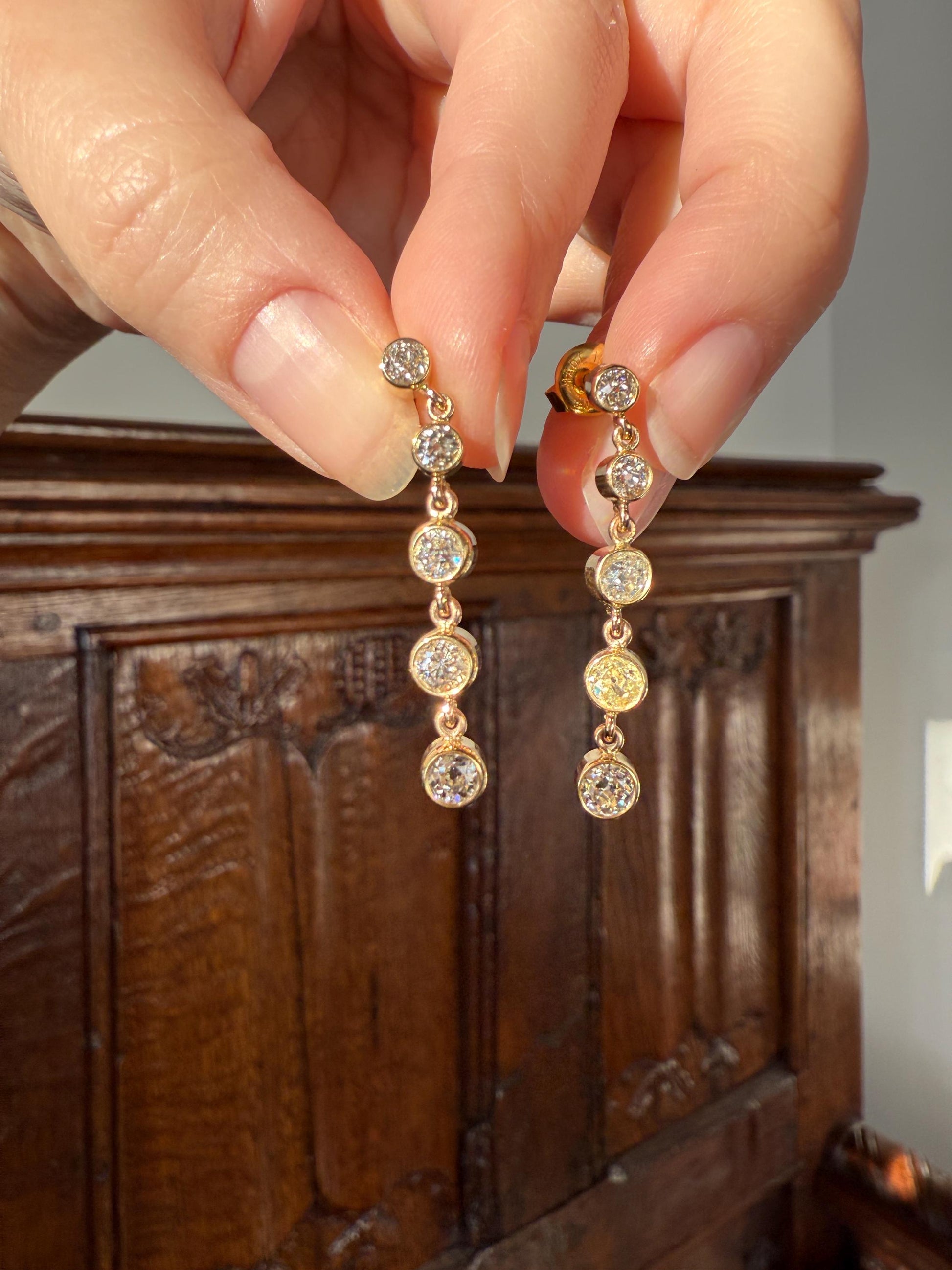 Vintage Dangle Earrings Ten Antique 2.2 Carats Old Mine Cut DIAMOND 18k Gold Linear Five Stone Bezel Set Long Sparklers