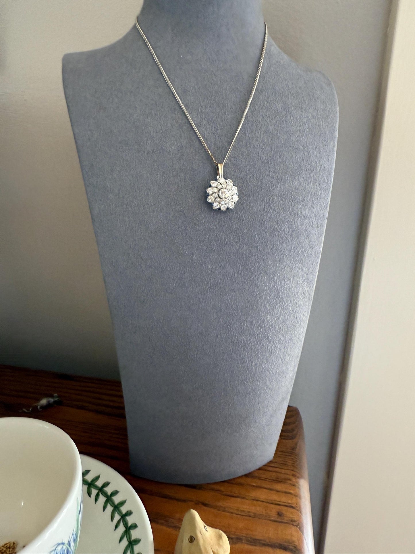 SAPPHIRE Vintage Art Deco Transitional Cut DIAMOND Platinum Floral Cluster Blue Pendant on Silver Chain Necklace Something Old Blue