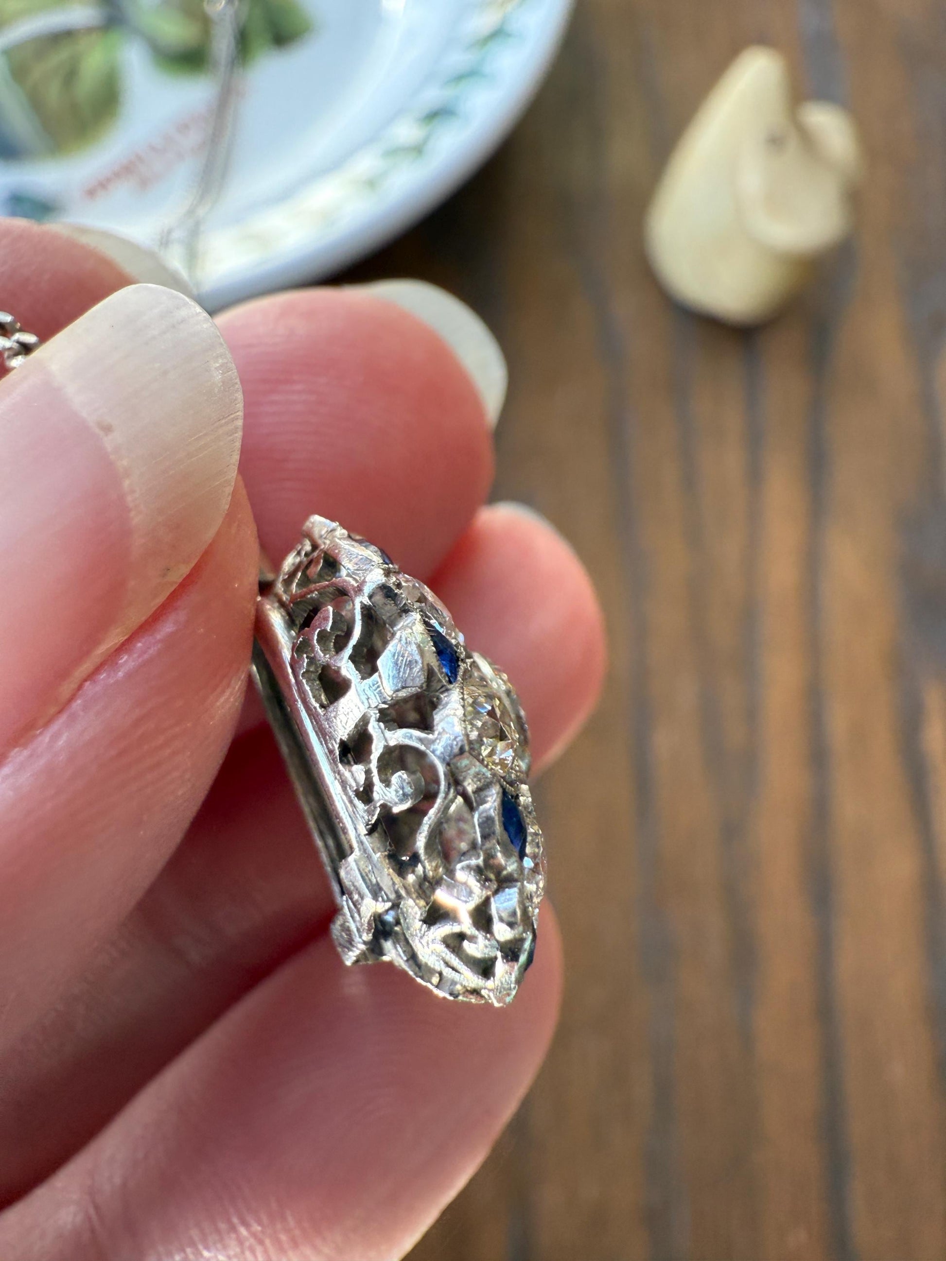 SAPPHIRE Vintage Art Deco Transitional Cut DIAMOND Platinum Floral Cluster Blue Pendant on Silver Chain Necklace Something Old Blue