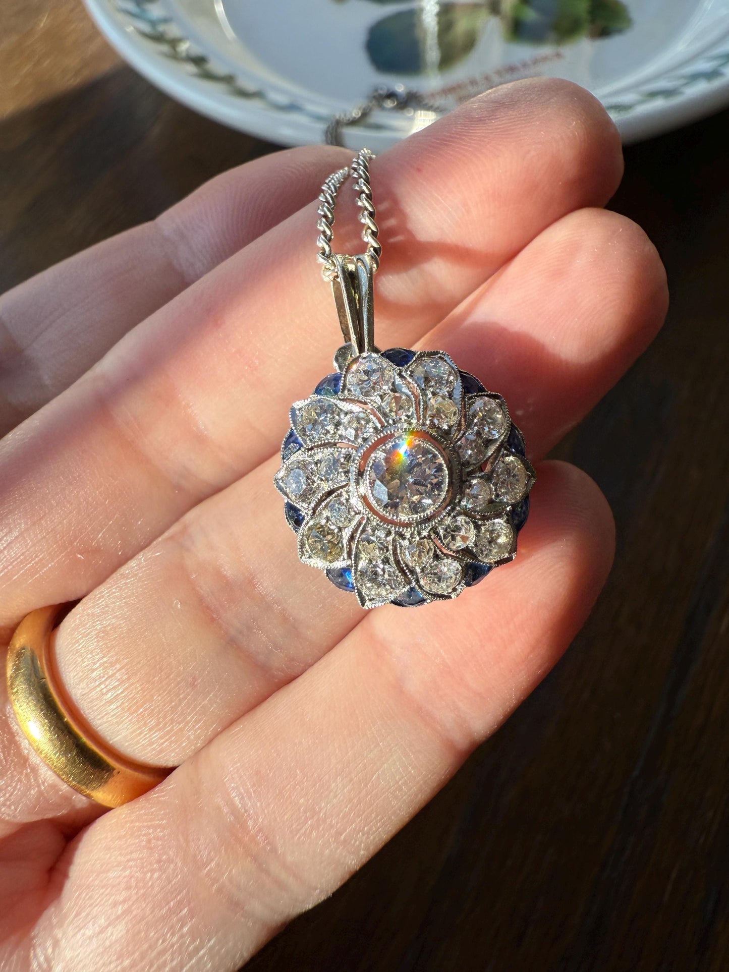 SAPPHIRE Vintage Art Deco Transitional Cut DIAMOND Platinum Floral Cluster Blue Pendant on Silver Chain Necklace Something Old Blue