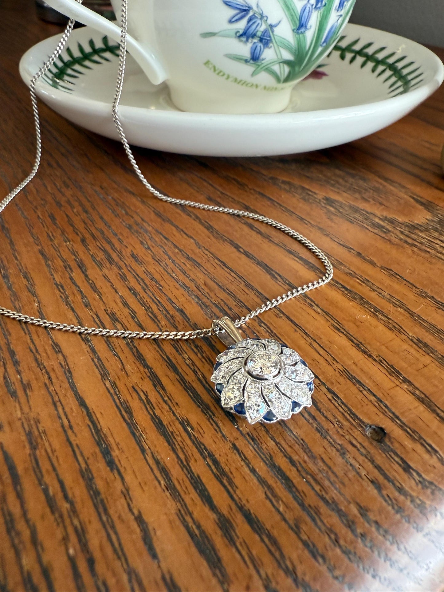 SAPPHIRE Vintage Art Deco Transitional Cut DIAMOND Platinum Floral Cluster Blue Pendant on Silver Chain Necklace Something Old Blue