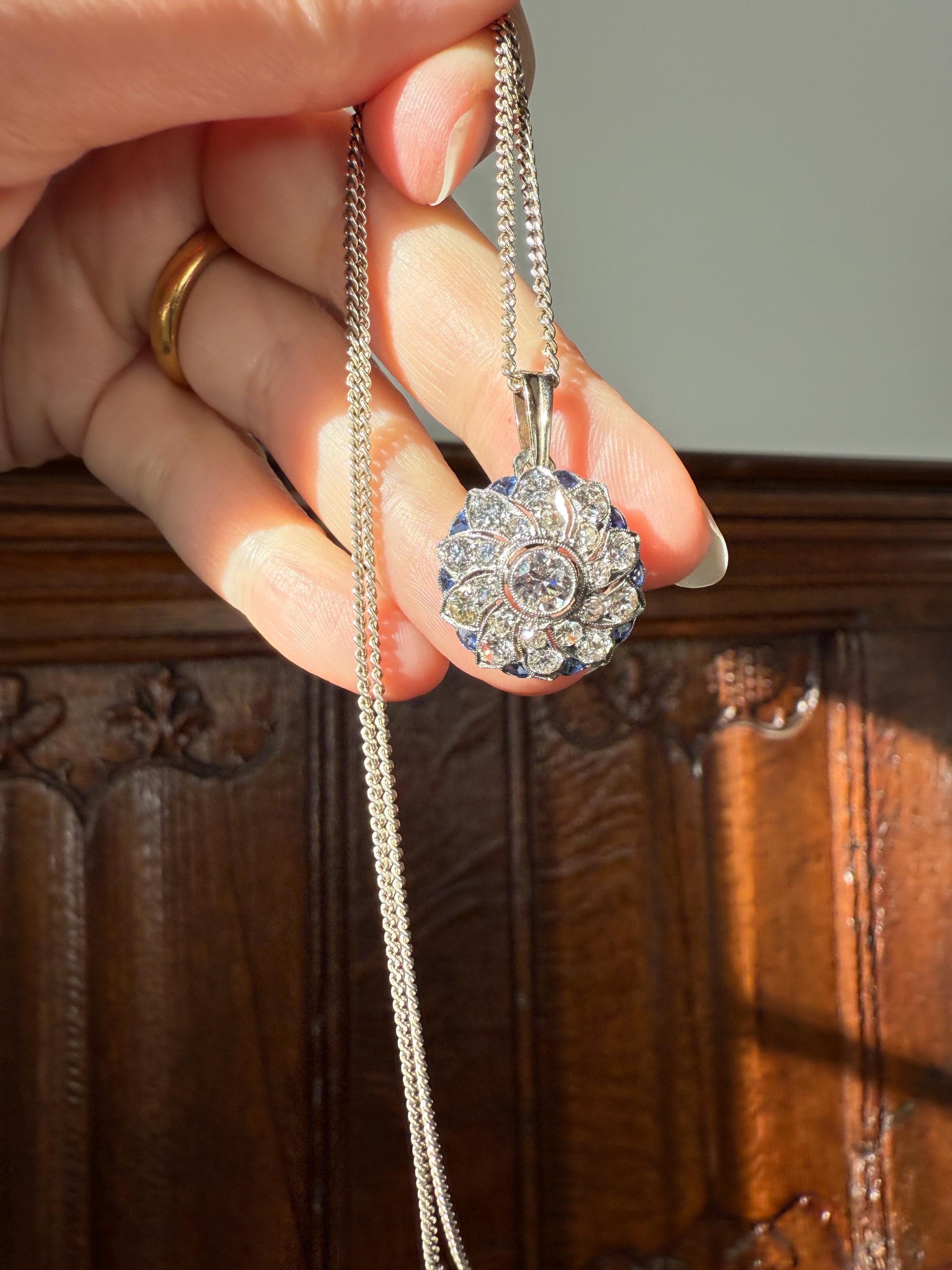 SAPPHIRE Vintage Art Deco Transitional Cut DIAMOND Platinum Floral Cluster Blue Pendant on Silver Chain Necklace Something Old Blue
