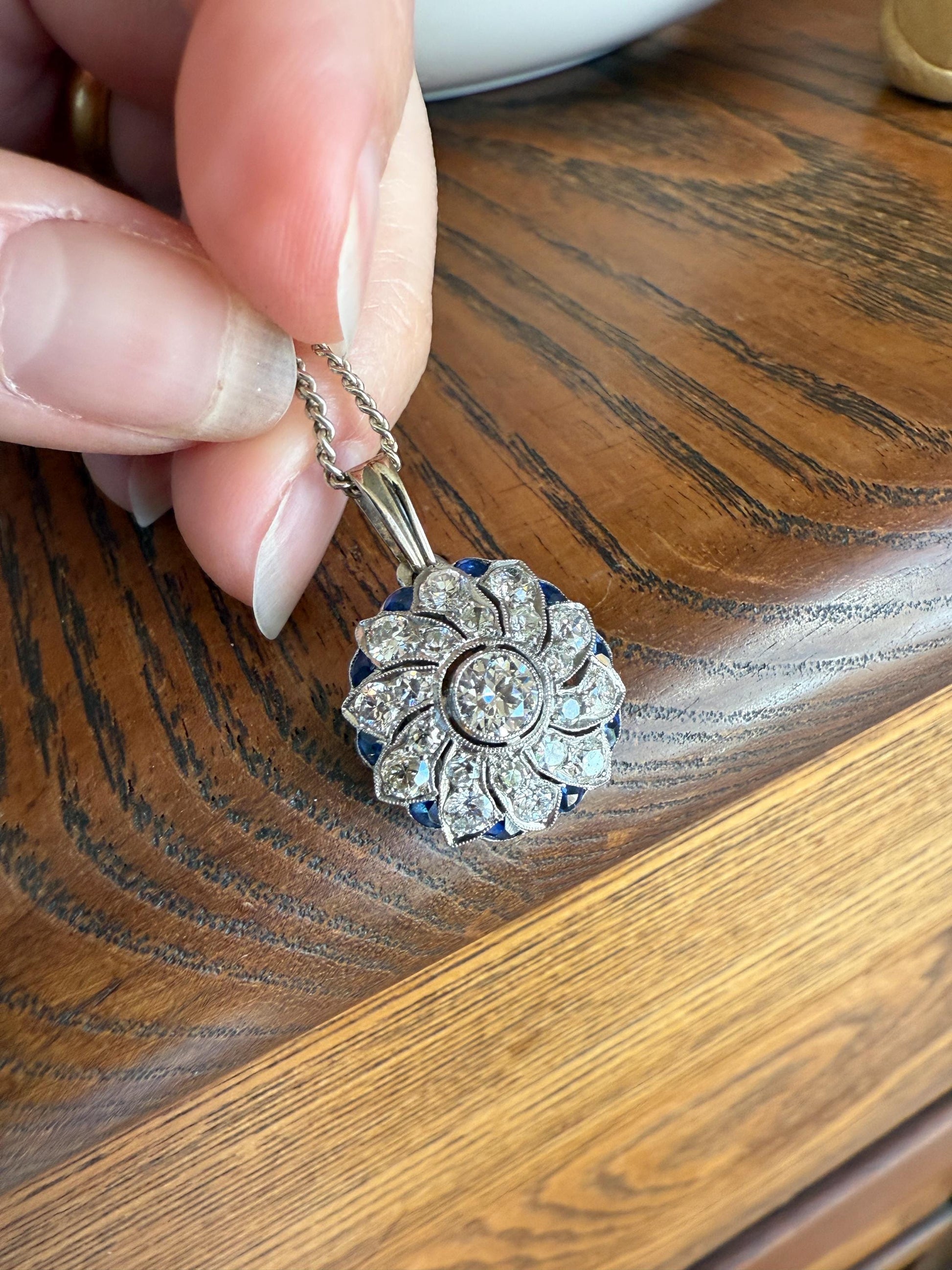 SAPPHIRE Vintage Art Deco Transitional Cut DIAMOND Platinum Floral Cluster Blue Pendant on Silver Chain Necklace Something Old Blue