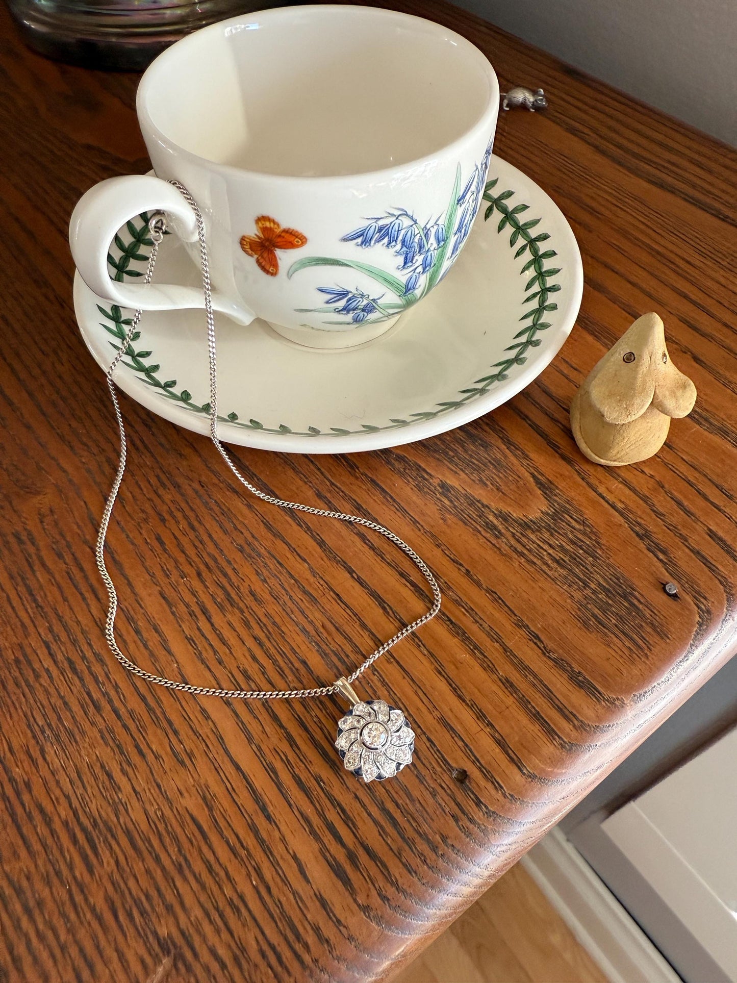 SAPPHIRE Vintage Art Deco Transitional Cut DIAMOND Platinum Floral Cluster Blue Pendant on Silver Chain Necklace Something Old Blue