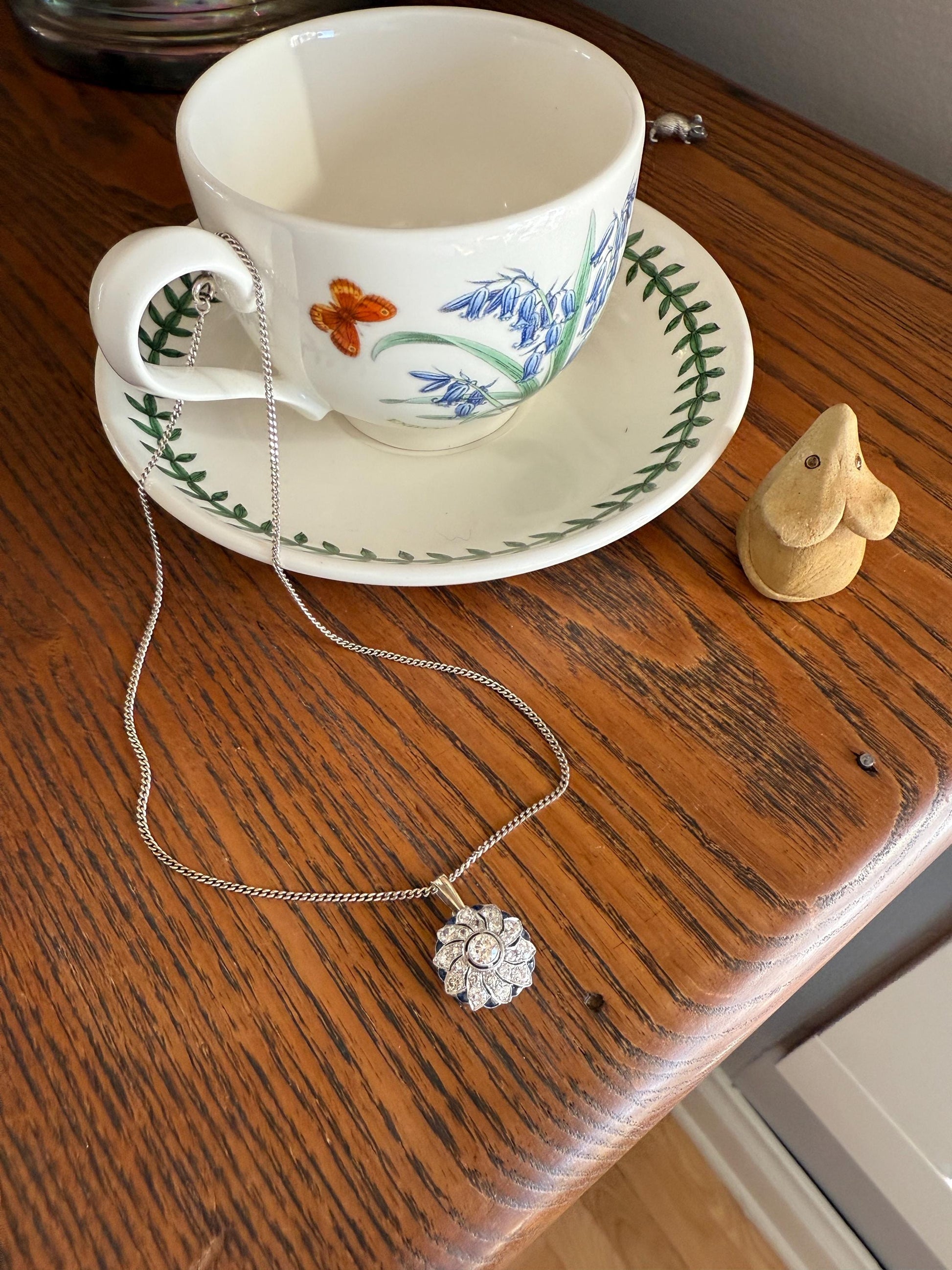 SAPPHIRE Vintage Art Deco Transitional Cut DIAMOND Platinum Floral Cluster Blue Pendant on Silver Chain Necklace Something Old Blue
