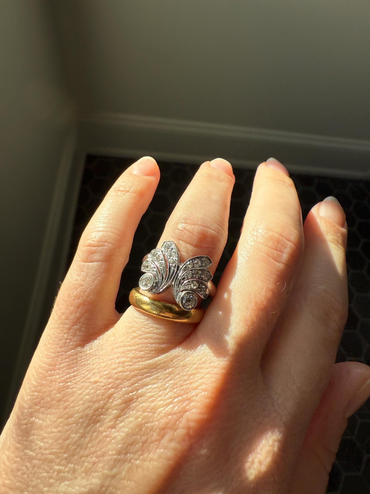 BUTTERFLY Ring Art Deco Old Mine Transitional Cut Diamonds Vintage Ring Flared Swirl Flared Fan 14k White Gold Unique Stacker