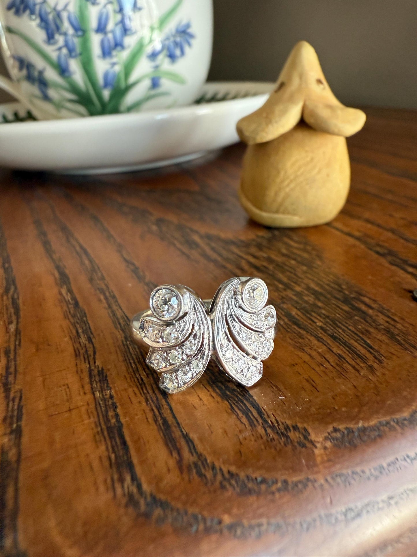BUTTERFLY Ring Art Deco Old Mine Transitional Cut Diamonds Vintage Ring Flared Swirl Flared Fan 14k White Gold Unique Stacker
