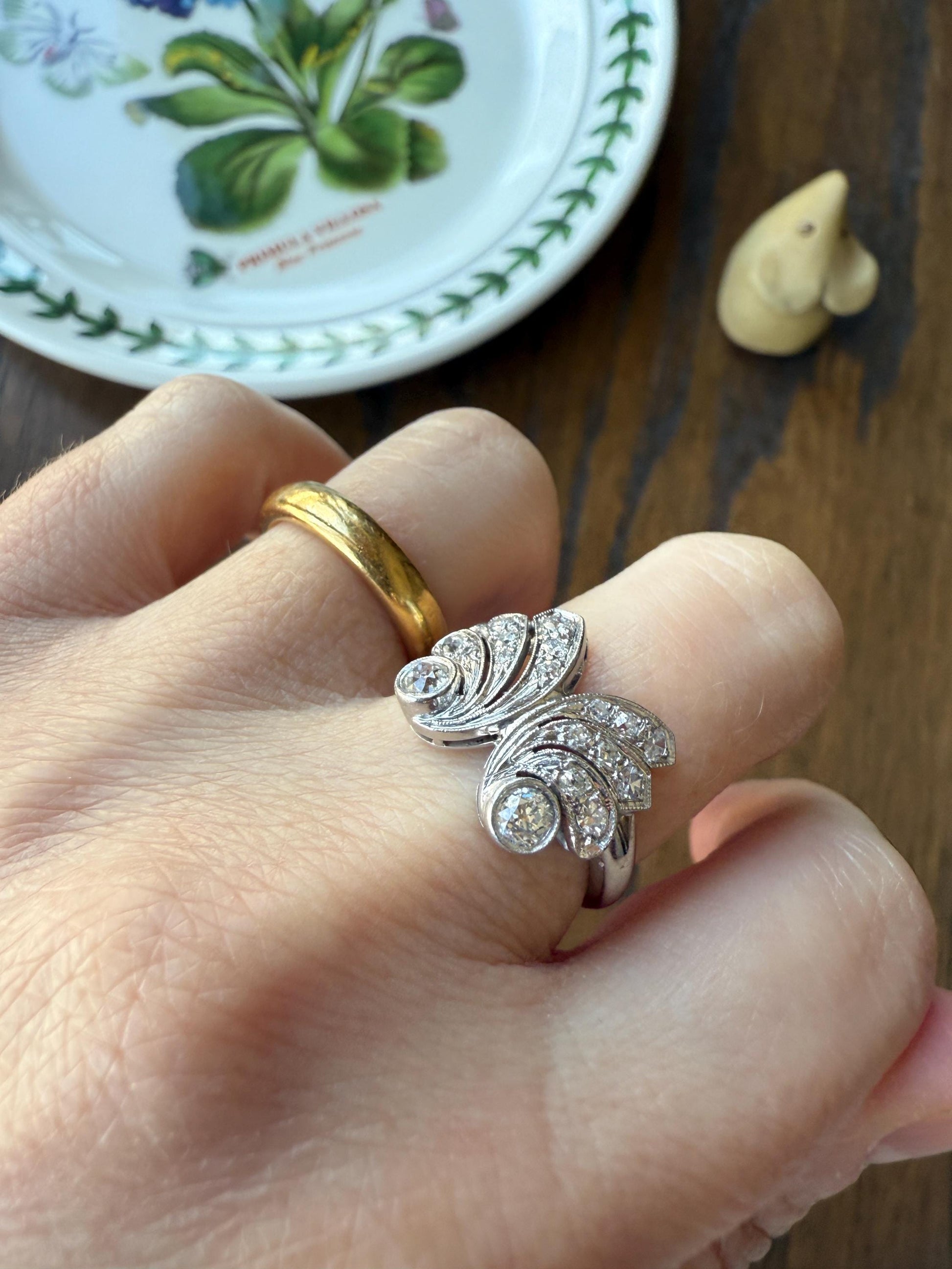 BUTTERFLY Ring Art Deco Old Mine Transitional Cut Diamonds Vintage Ring Flared Swirl Flared Fan 14k White Gold Unique Stacker