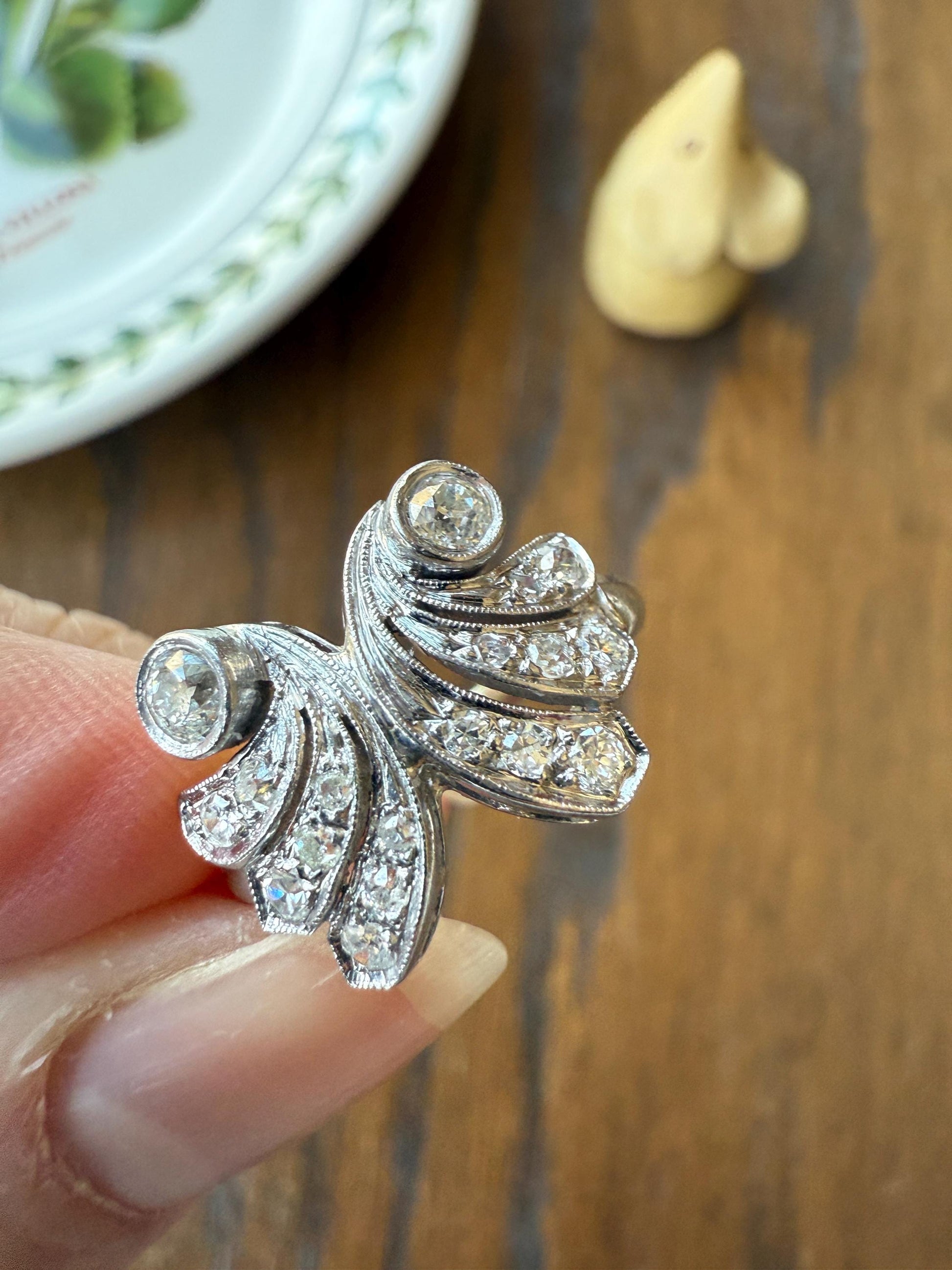 BUTTERFLY Ring Art Deco Old Mine Transitional Cut Diamonds Vintage Ring Flared Swirl Flared Fan 14k White Gold Unique Stacker