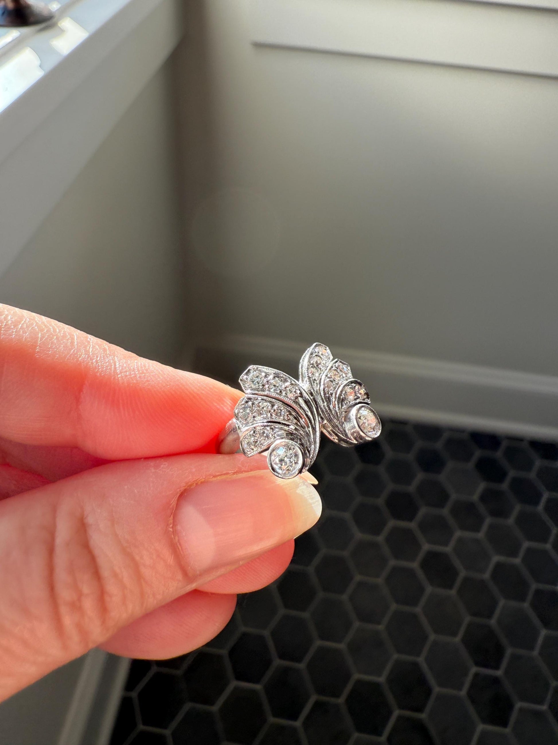 BUTTERFLY Ring Art Deco Old Mine Transitional Cut Diamonds Vintage Ring Flared Swirl Flared Fan 14k White Gold Unique Stacker
