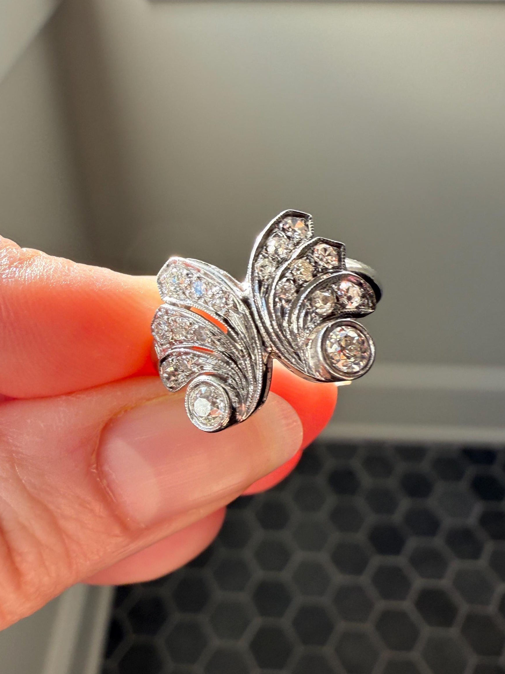 BUTTERFLY Ring Art Deco Old Mine Transitional Cut Diamonds Vintage Ring Flared Swirl Flared Fan 14k White Gold Unique Stacker