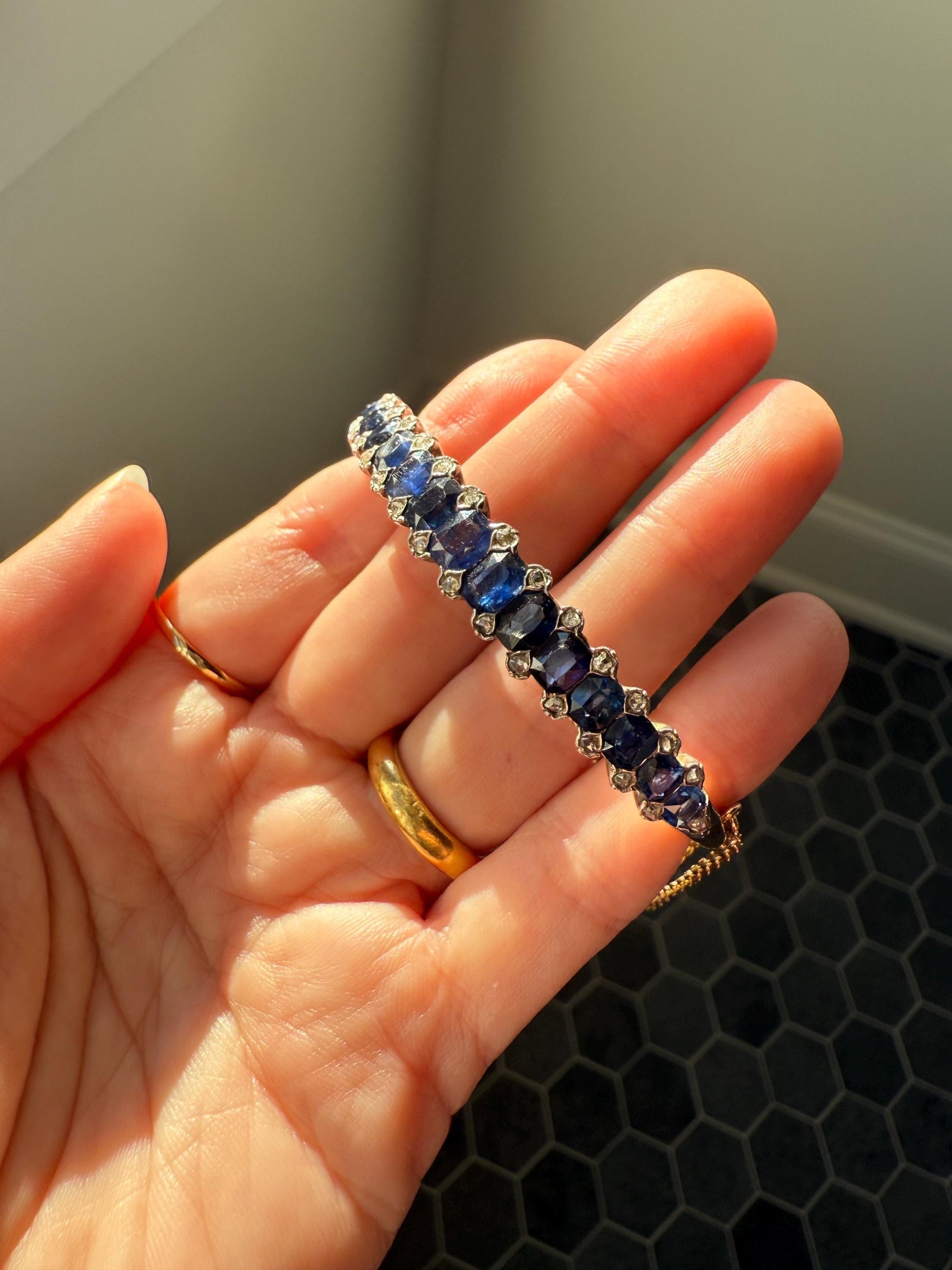 Antique 7 CARAT Natural SAPPHIRE Encrusted Hinged Bangle Bracelet 18k Gold Silver Rose Cut Spacers Gemset Prong Victorian Wriststack