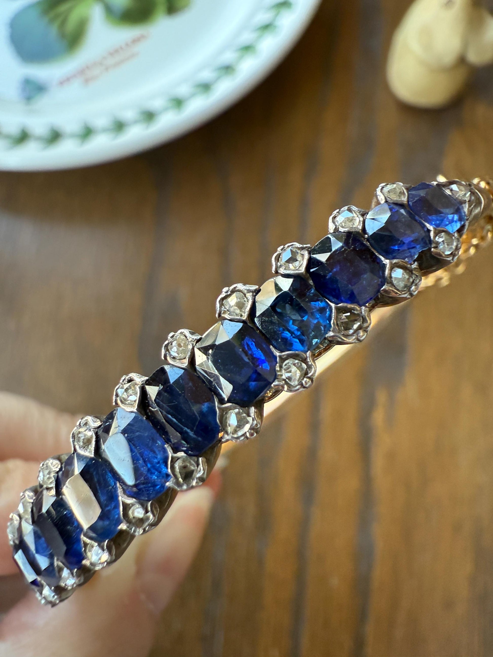 Antique 7 CARAT Natural SAPPHIRE Encrusted Hinged Bangle Bracelet 18k Gold Silver Rose Cut Spacers Gemset Prong Victorian Wriststack