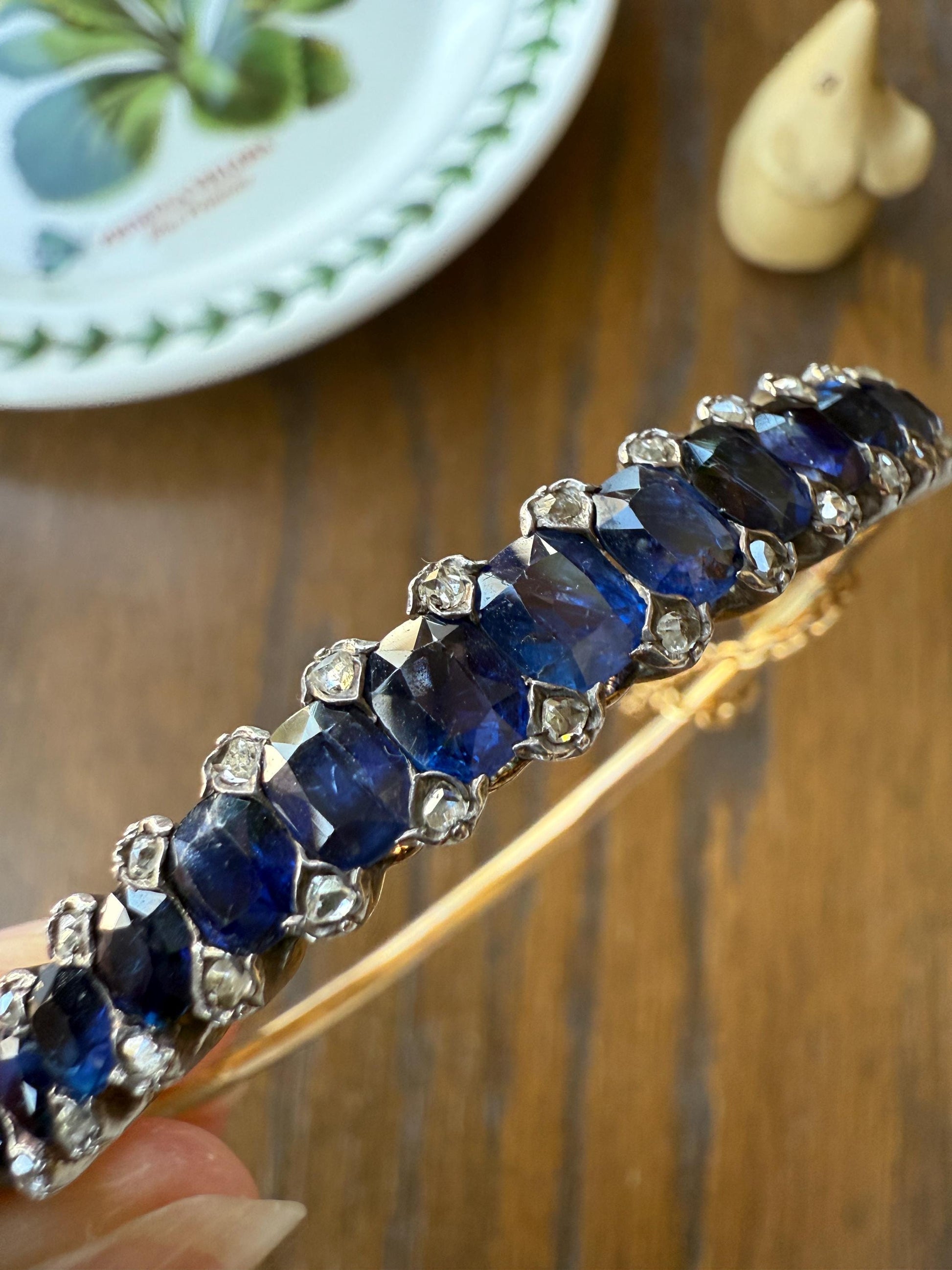 Antique 7 CARAT Natural SAPPHIRE Encrusted Hinged Bangle Bracelet 18k Gold Silver Rose Cut Spacers Gemset Prong Victorian Wriststack