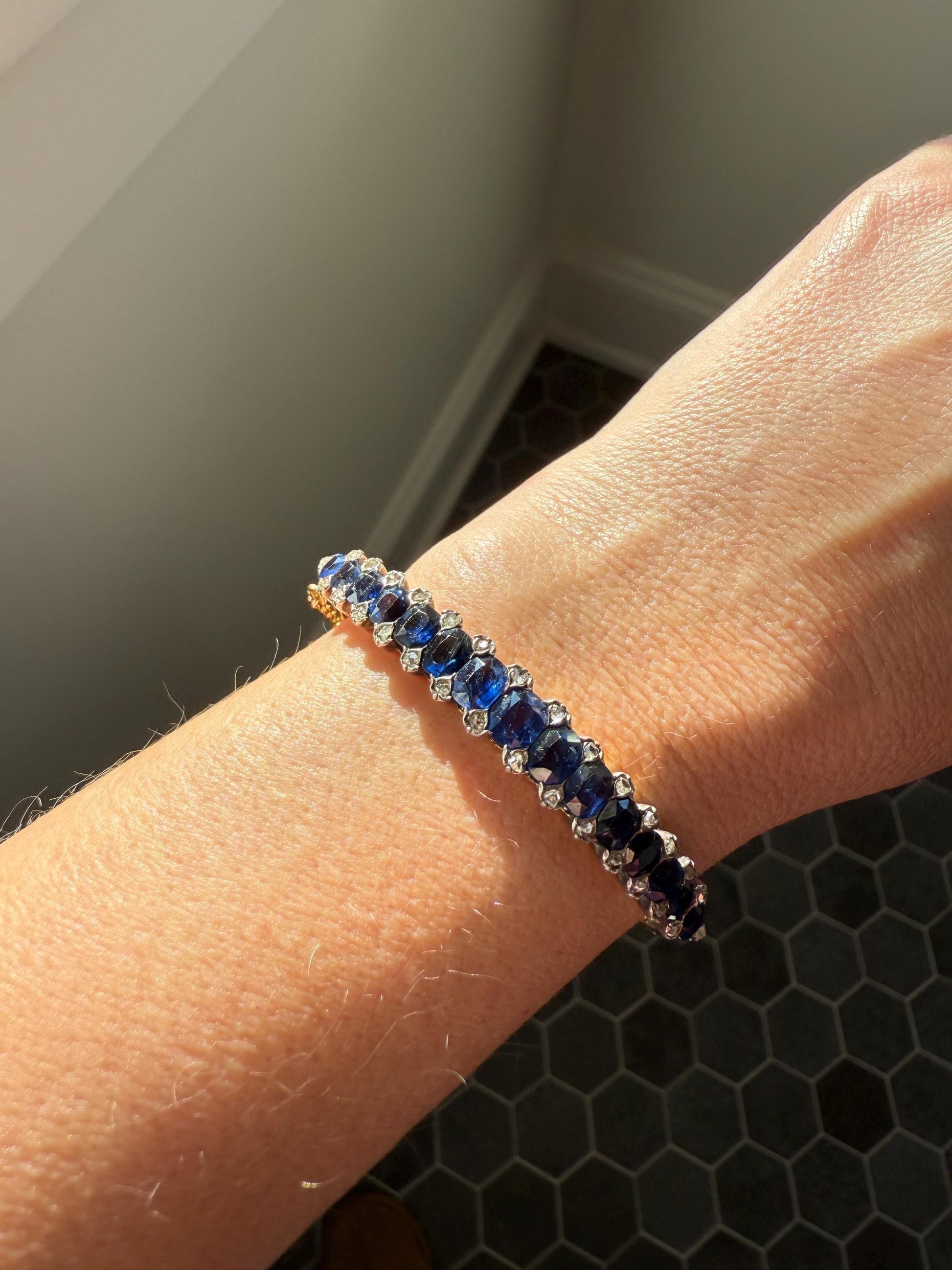 Antique 7 CARAT Natural SAPPHIRE Encrusted Hinged Bangle Bracelet 18k Gold Silver Rose Cut Spacers Gemset Prong Victorian Wriststack