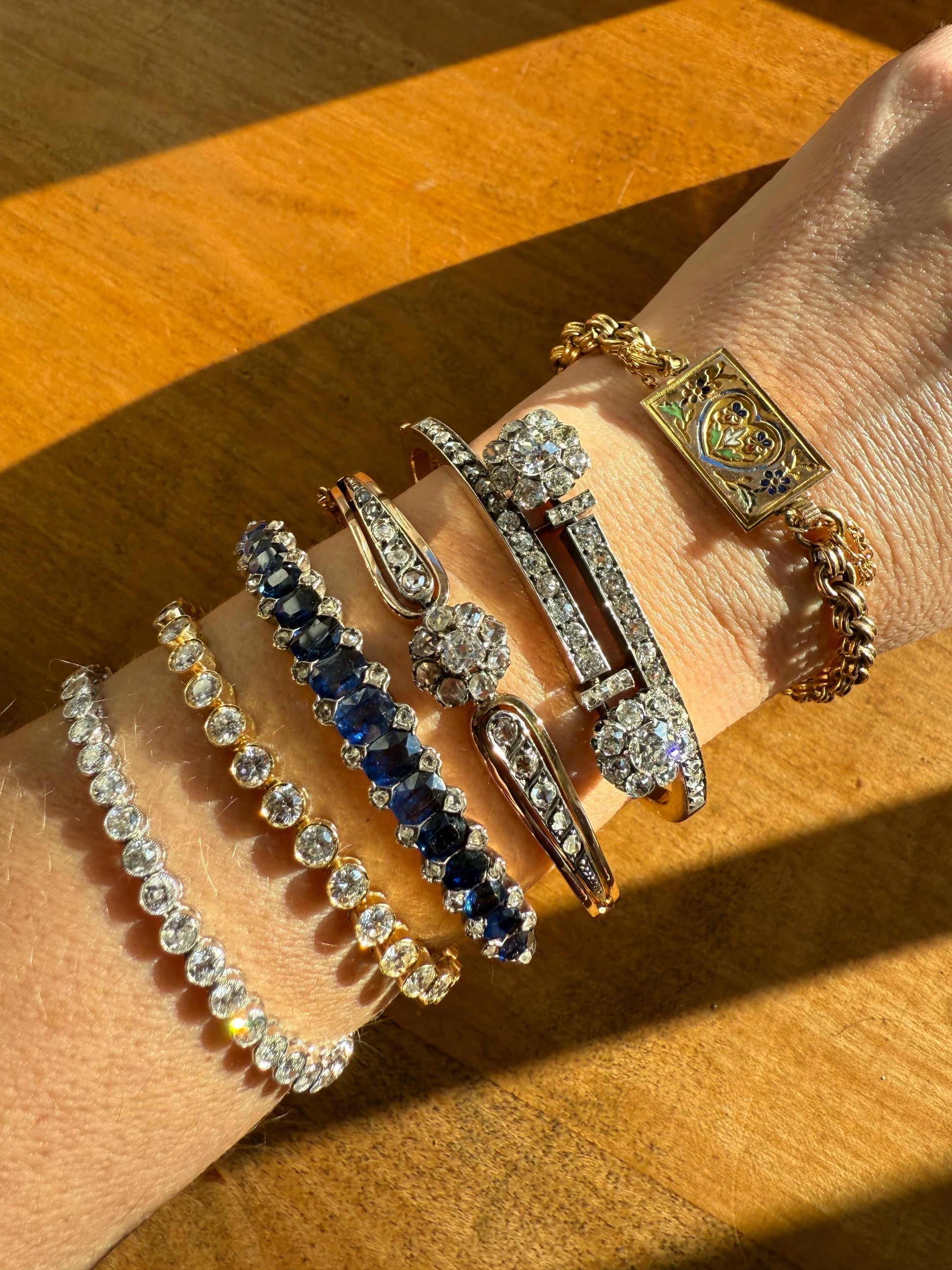 Antique 7 CARAT Natural SAPPHIRE Encrusted Hinged Bangle Bracelet 18k Gold Silver Rose Cut Spacers Gemset Prong Victorian Wriststack