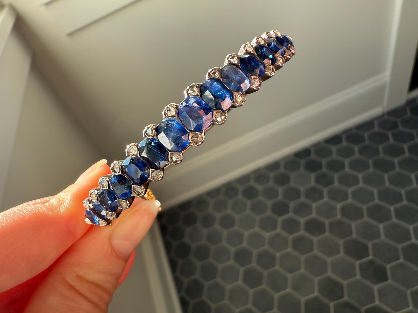 Antique 7 CARAT Natural SAPPHIRE Encrusted Hinged Bangle Bracelet 18k Gold Silver Rose Cut Spacers Gemset Prong Victorian Wriststack