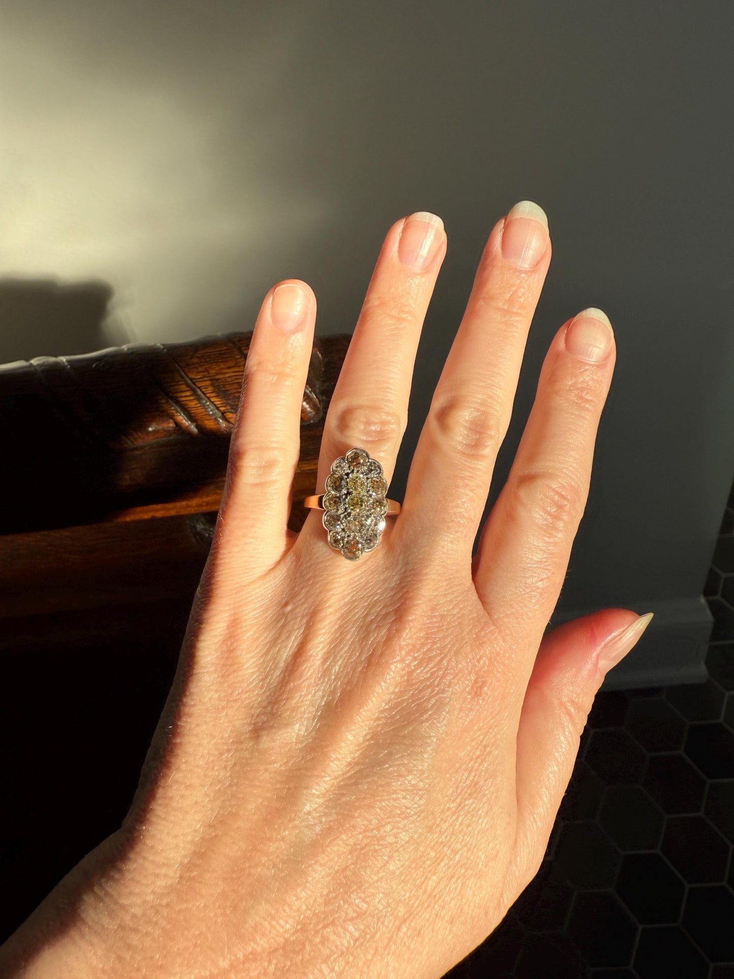 Antique 3 Carats Old Mine Cut DIAMOND Scalloped Oval Navette Ring Champagne Fancy Light Brown Green Yellow Cluster 18k Gold Silver OMC