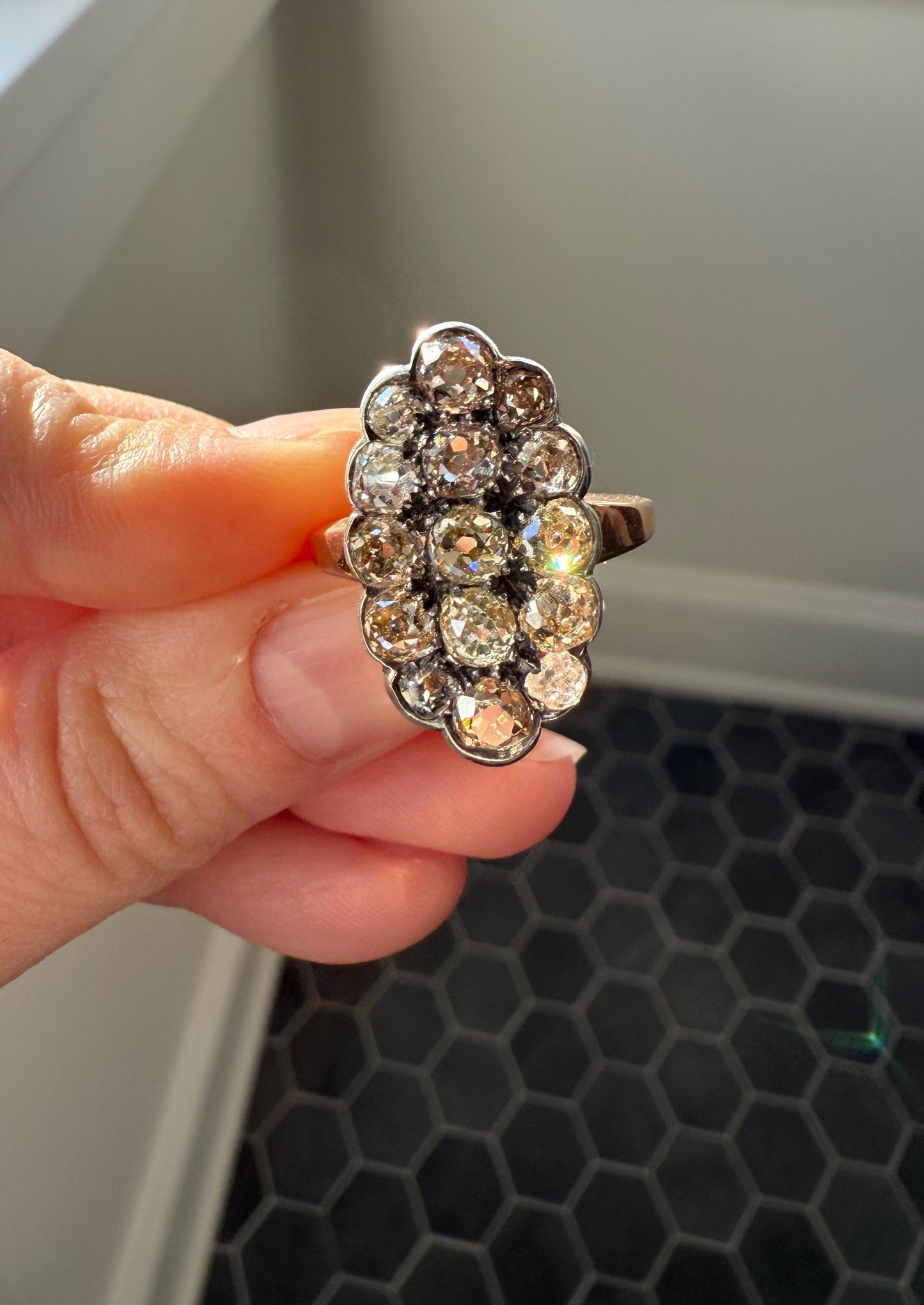 Antique 3 Carats Old Mine Cut DIAMOND Scalloped Oval Navette Ring Champagne Fancy Light Brown Green Yellow Cluster 18k Gold Silver OMC