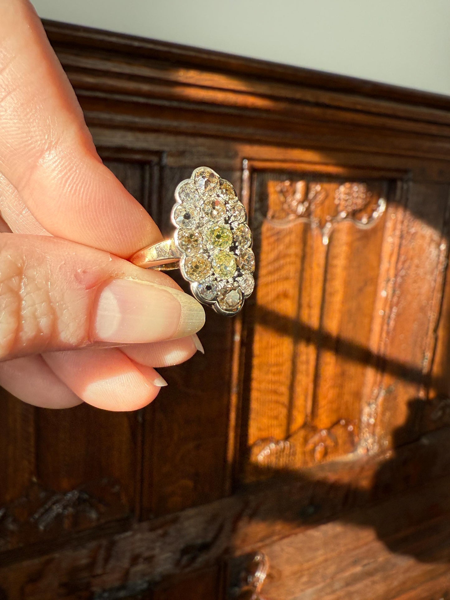 Antique 3 Carats Old Mine Cut DIAMOND Scalloped Oval Navette Ring Champagne Fancy Light Brown Green Yellow Cluster 18k Gold Silver OMC