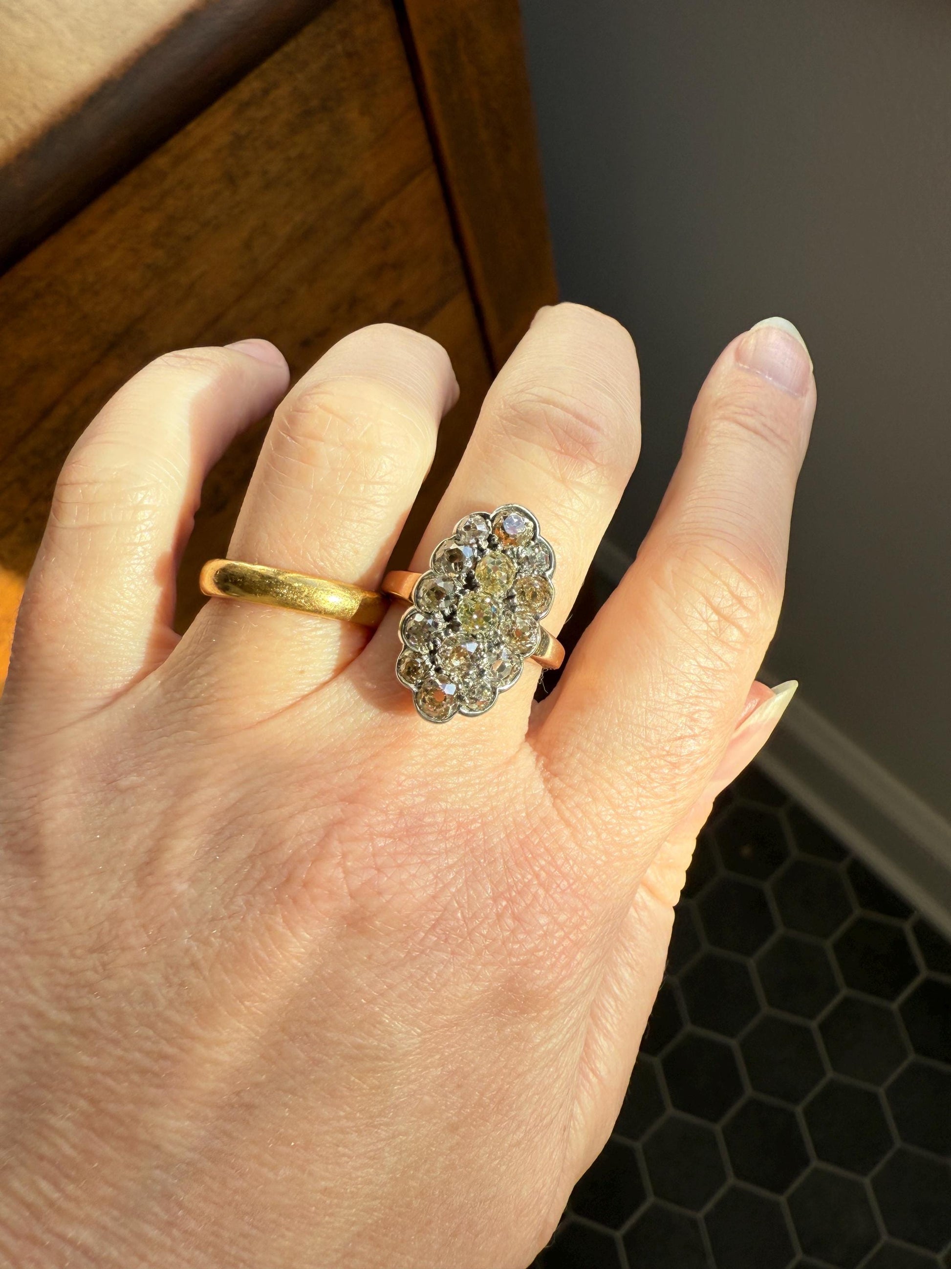 Antique 3 Carats Old Mine Cut DIAMOND Scalloped Oval Navette Ring Champagne Fancy Light Brown Green Yellow Cluster 18k Gold Silver OMC