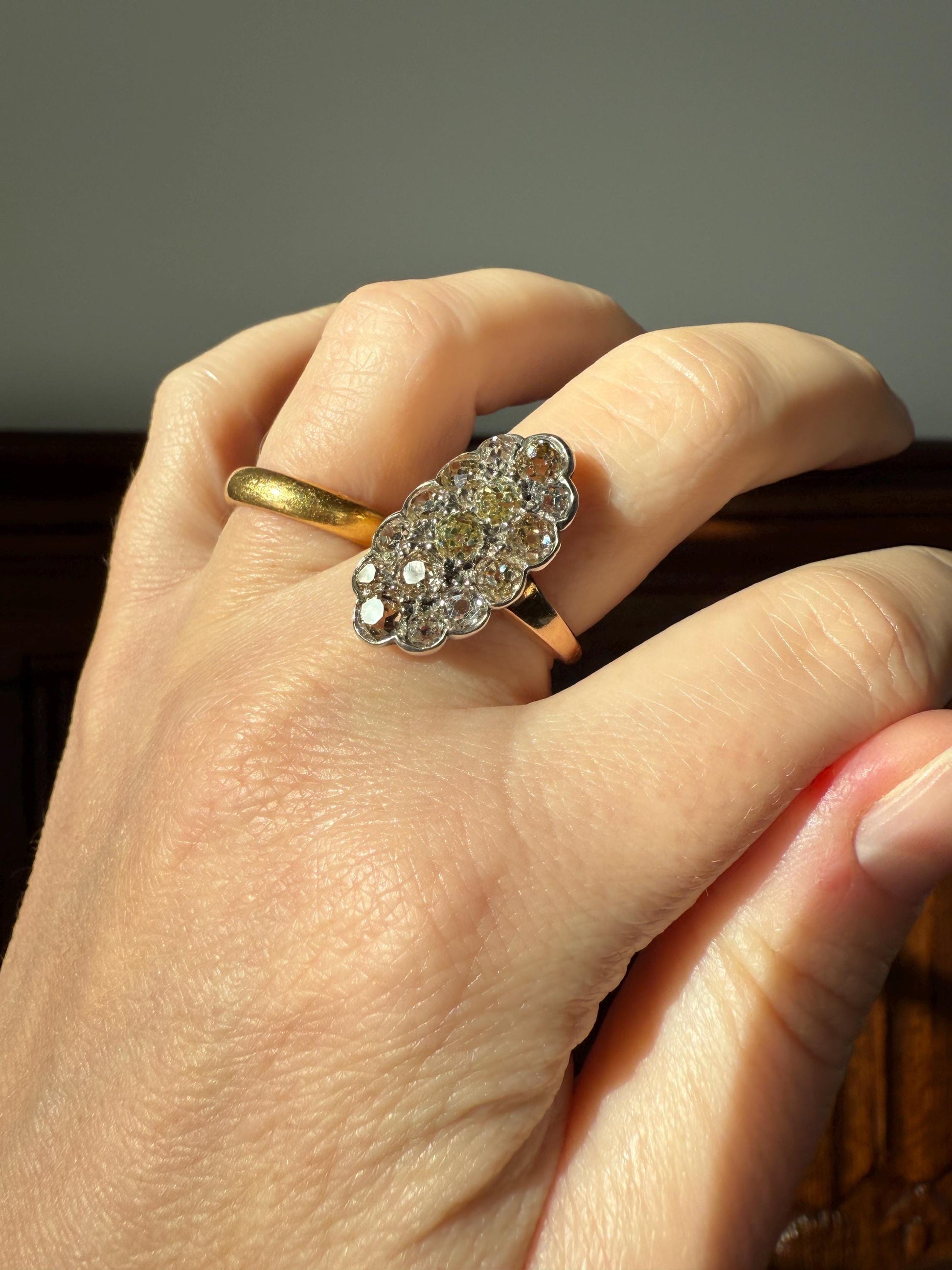 Antique 3 Carats Old Mine Cut DIAMOND Scalloped Oval Navette Ring Champagne Fancy Light Brown Green Yellow Cluster 18k Gold Silver OMC