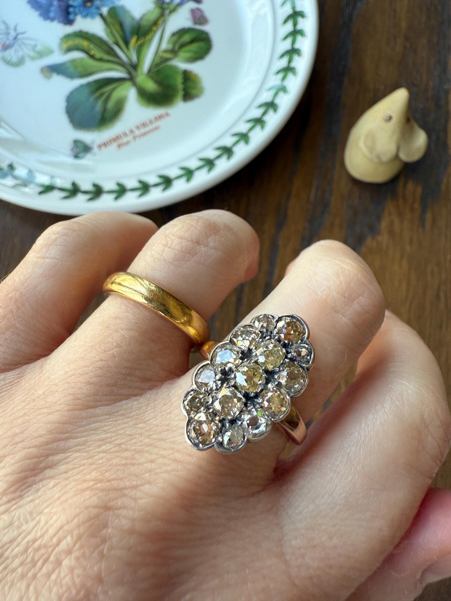 Antique 3 Carats Old Mine Cut DIAMOND Scalloped Oval Navette Ring Champagne Fancy Light Brown Green Yellow Cluster 18k Gold Silver OMC