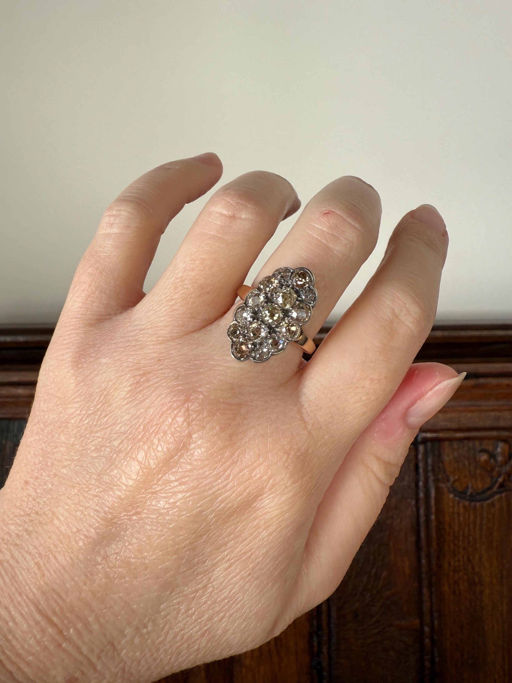 Antique 3 Carats Old Mine Cut DIAMOND Scalloped Oval Navette Ring Champagne Fancy Light Brown Green Yellow Cluster 18k Gold Silver OMC