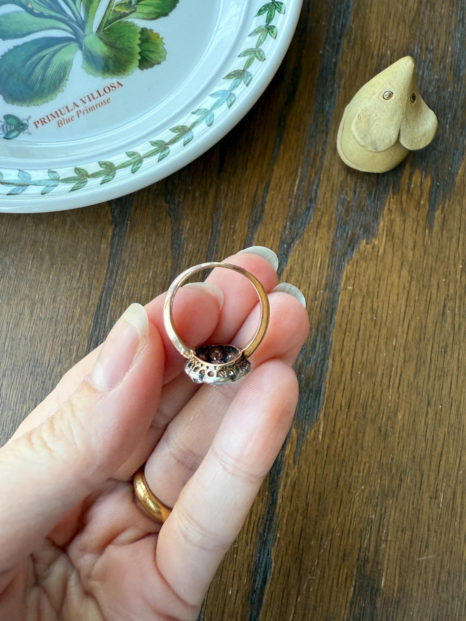 Antique 3 Carats Old Mine Cut DIAMOND Scalloped Oval Navette Ring Champagne Fancy Light Brown Green Yellow Cluster 18k Gold Silver OMC