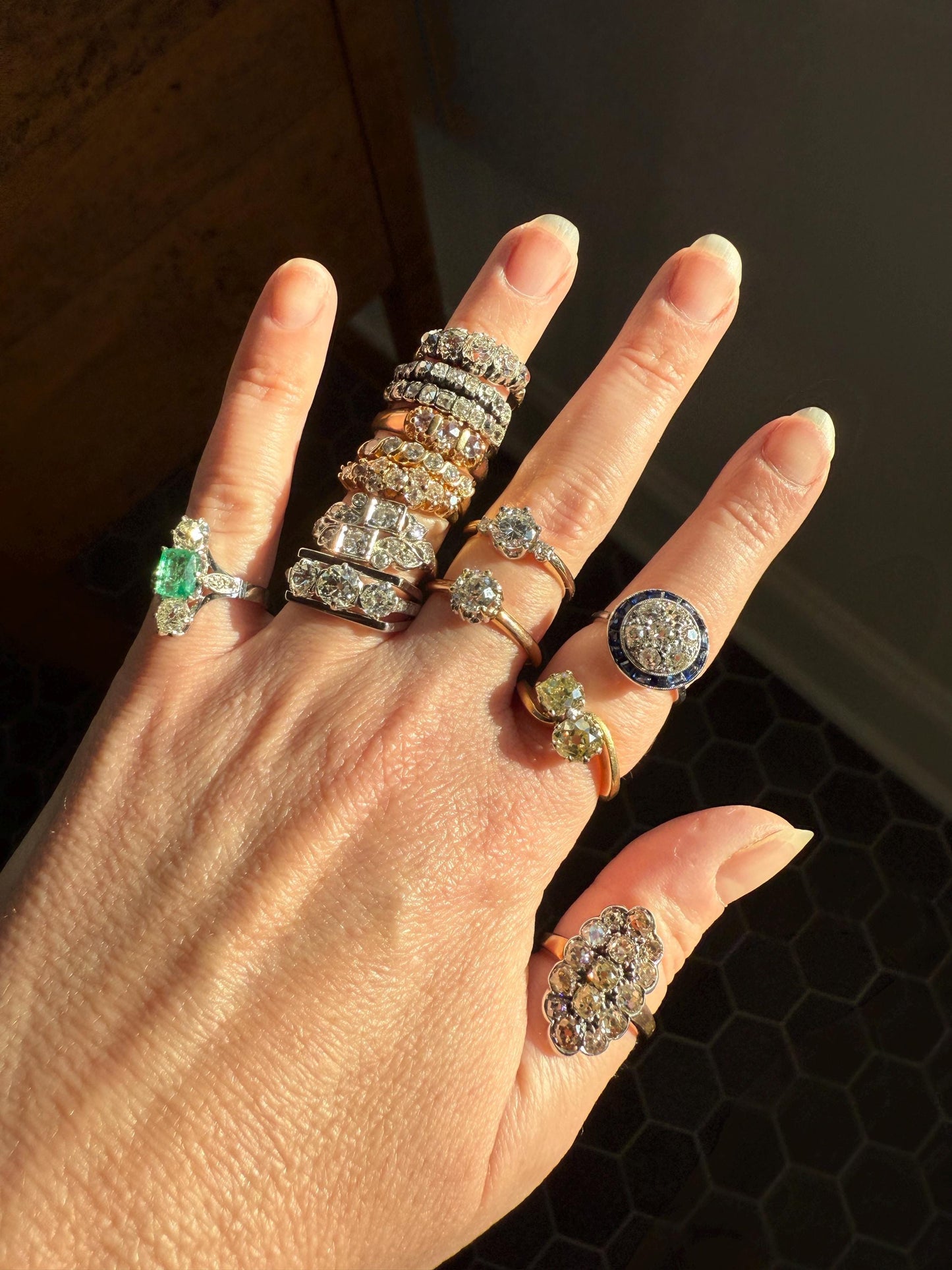 Antique 3 Carats Old Mine Cut DIAMOND Scalloped Oval Navette Ring Champagne Fancy Light Brown Green Yellow Cluster 18k Gold Silver OMC