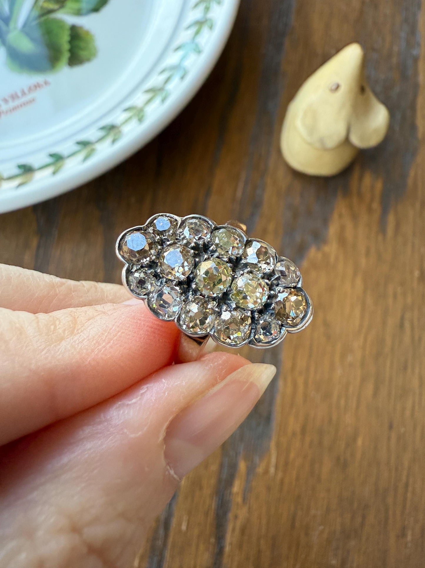 Antique 3 Carats Old Mine Cut DIAMOND Scalloped Oval Navette Ring Champagne Fancy Light Brown Green Yellow Cluster 18k Gold Silver OMC