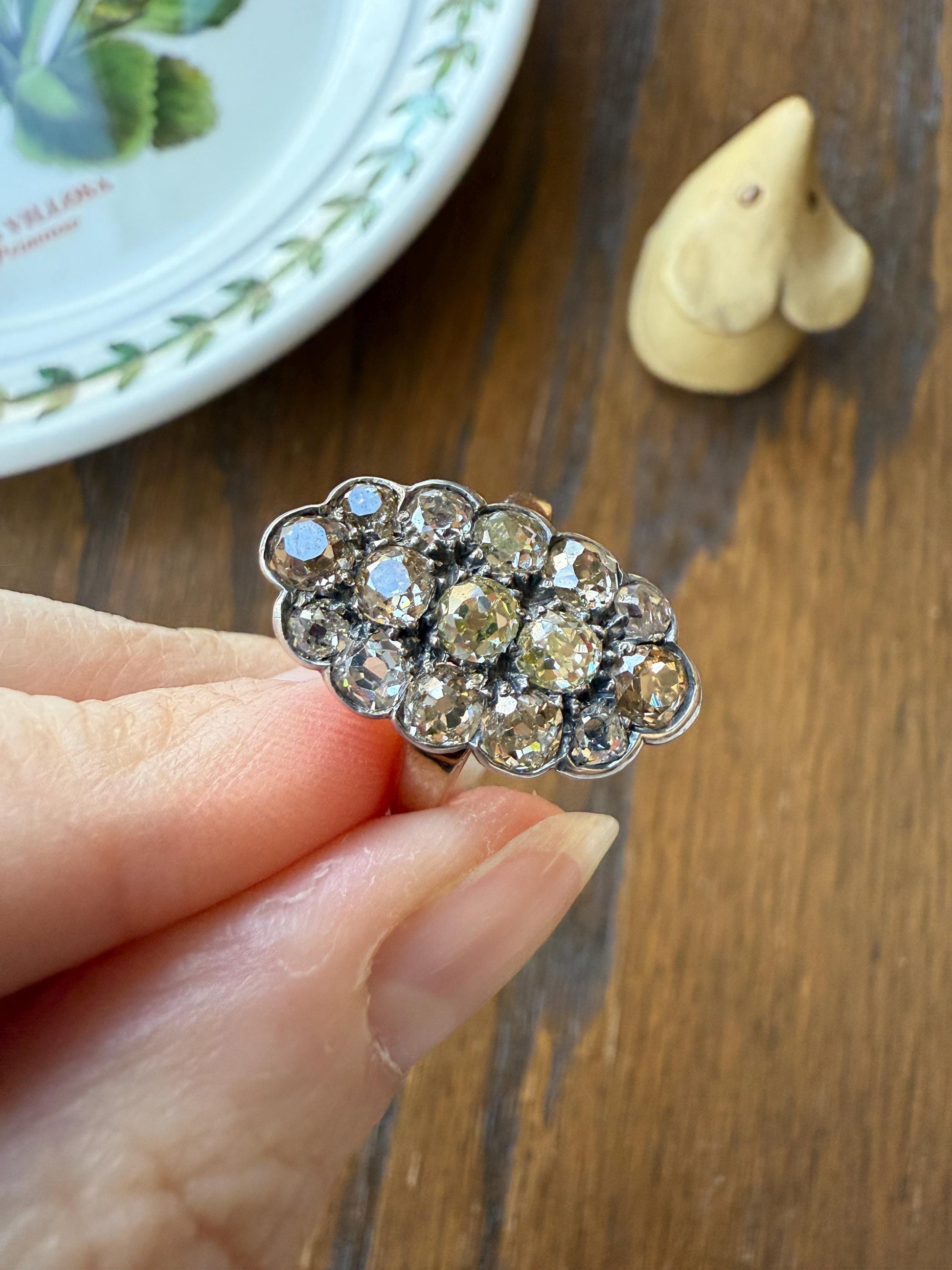 Antique 3 Carats Old Mine Cut DIAMOND Scalloped Oval Navette Ring Champagne Fancy Light Brown Green Yellow Cluster 18k Gold Silver OMC