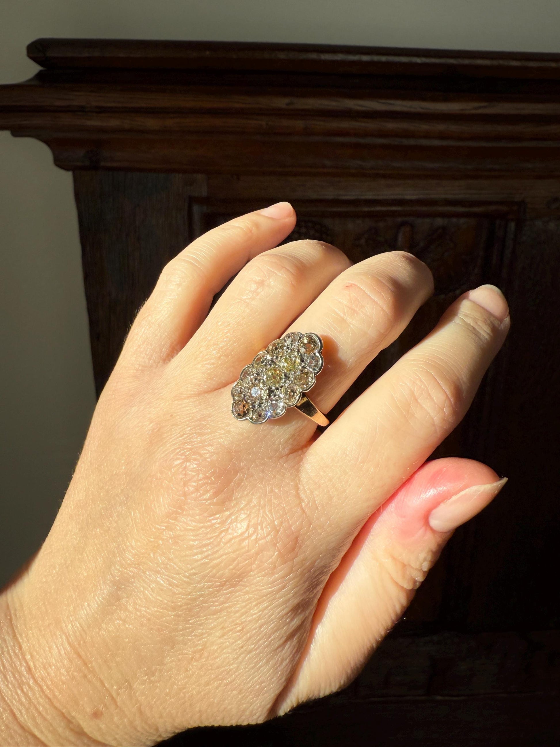 Antique 3 Carats Old Mine Cut DIAMOND Scalloped Oval Navette Ring Champagne Fancy Light Brown Green Yellow Cluster 18k Gold Silver OMC