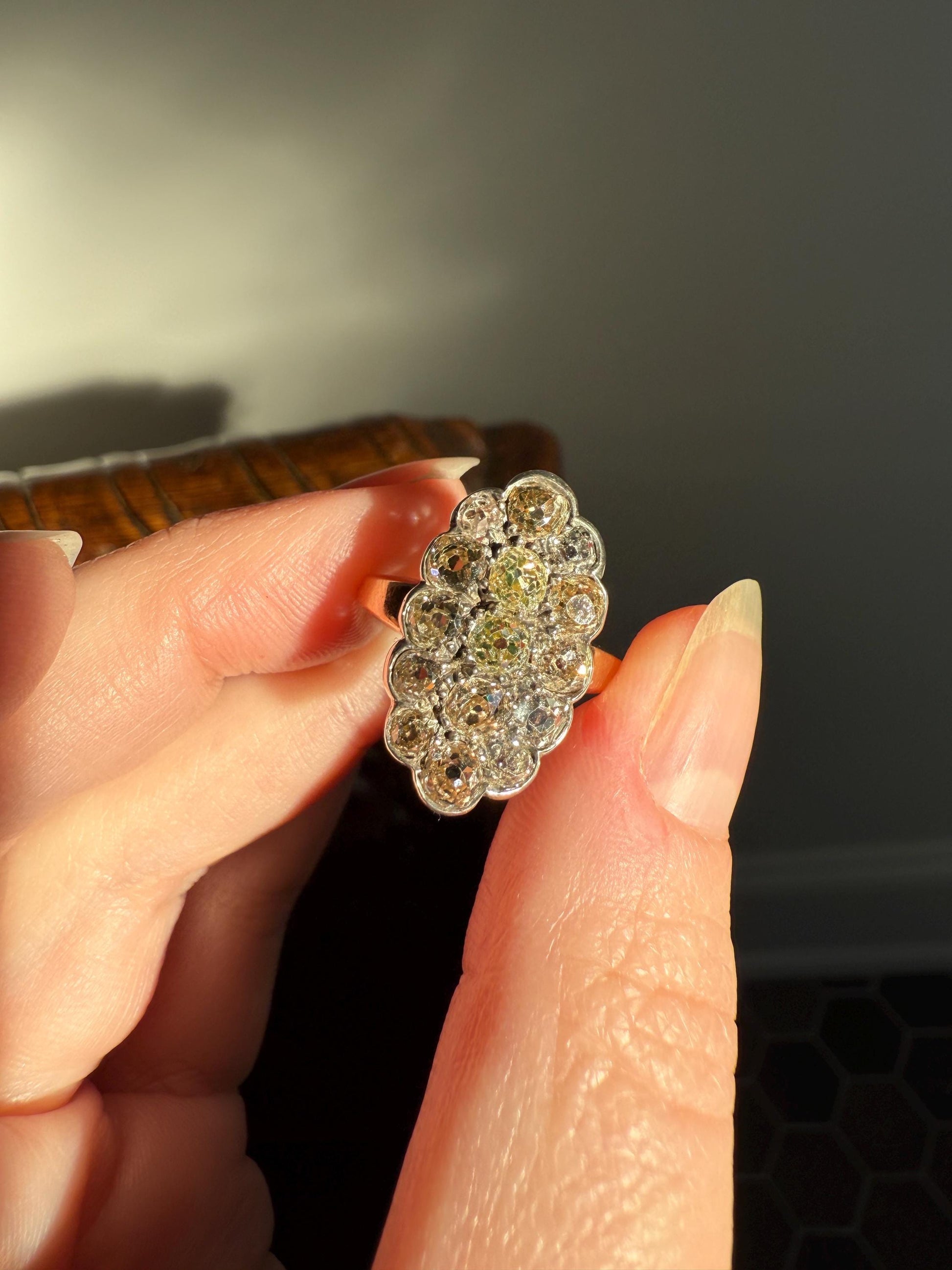 Antique 3 Carats Old Mine Cut DIAMOND Scalloped Oval Navette Ring Champagne Fancy Light Brown Green Yellow Cluster 18k Gold Silver OMC