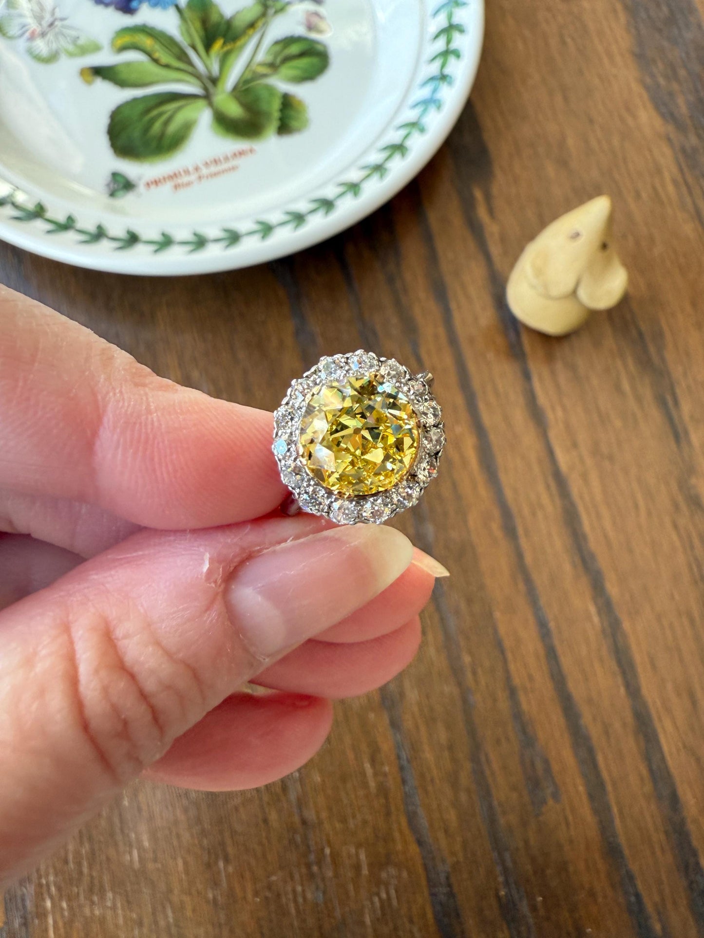 ANTIQUE Fancy Canary Yellow 2.9 Carat Old Mine Cut Diamond Colorless OMC Halo 3.65Ctw Cluster Ring Edwardian Platinum