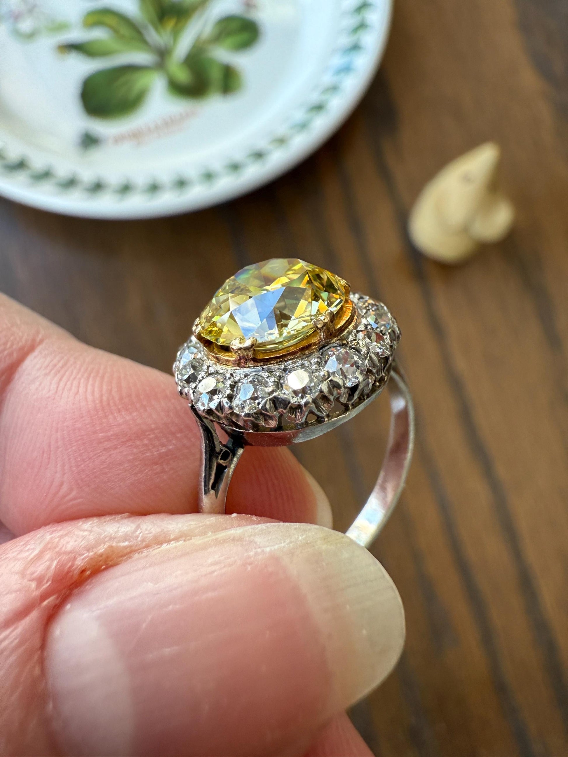 ANTIQUE Fancy Canary Yellow 2.9 Carat Old Mine Cut Diamond Colorless OMC Halo 3.65Ctw Cluster Ring Edwardian Platinum