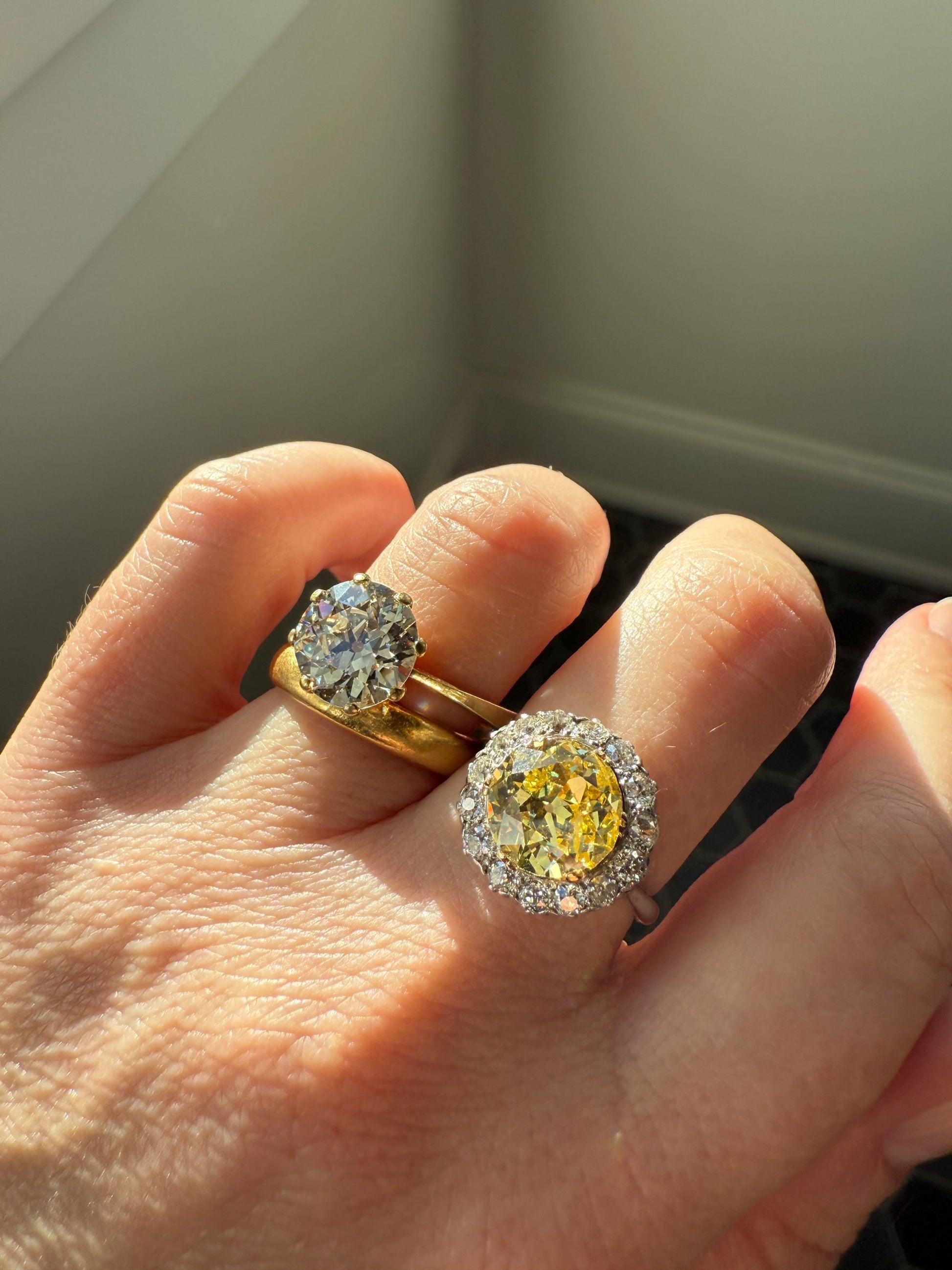 ANTIQUE Fancy Canary Yellow 2.9 Carat Old Mine Cut Diamond Colorless OMC Halo 3.65Ctw Cluster Ring Edwardian Platinum