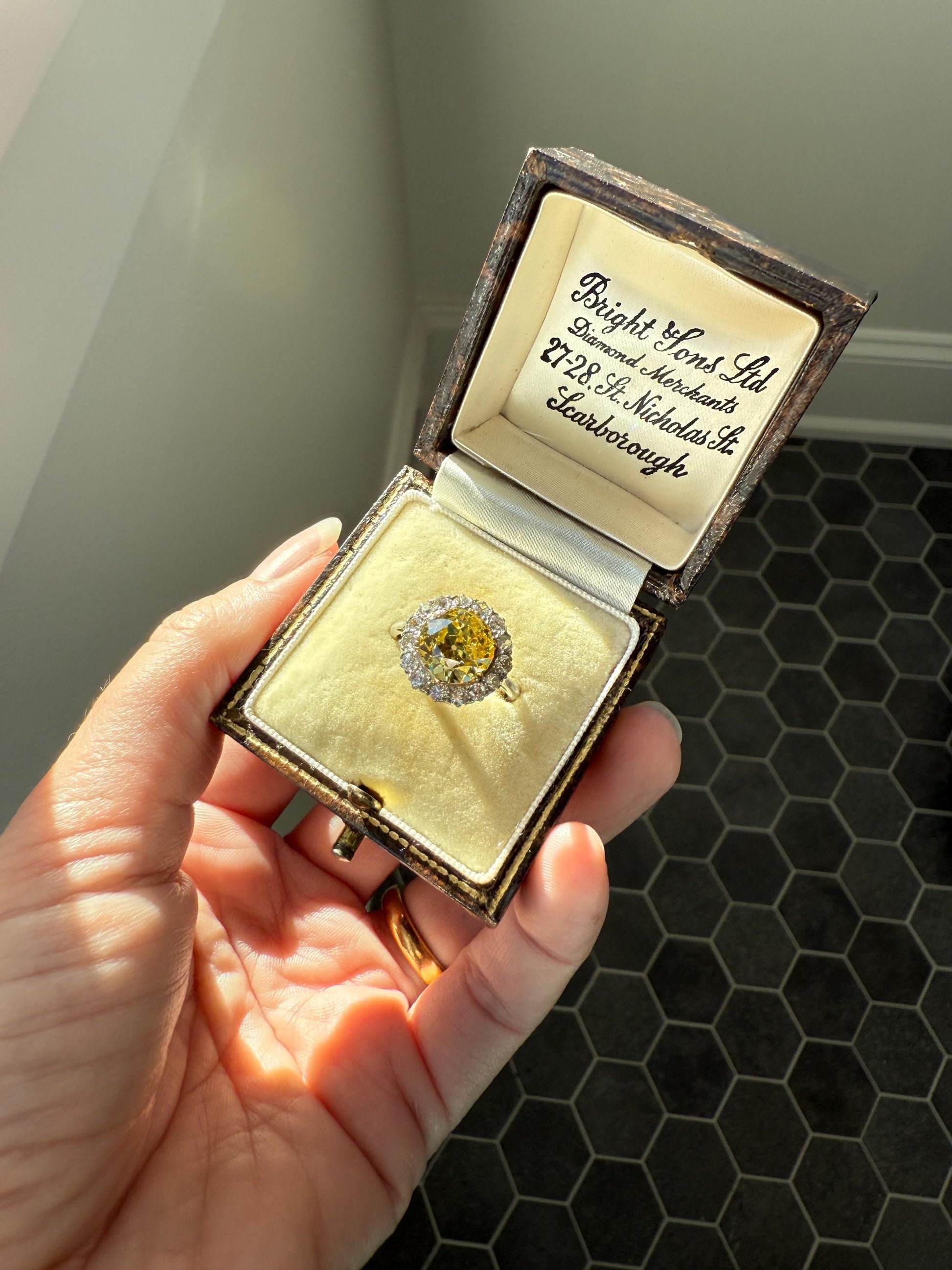 ANTIQUE Fancy Canary Yellow 2.9 Carat Old Mine Cut Diamond Colorless OMC Halo 3.65Ctw Cluster Ring Edwardian Platinum