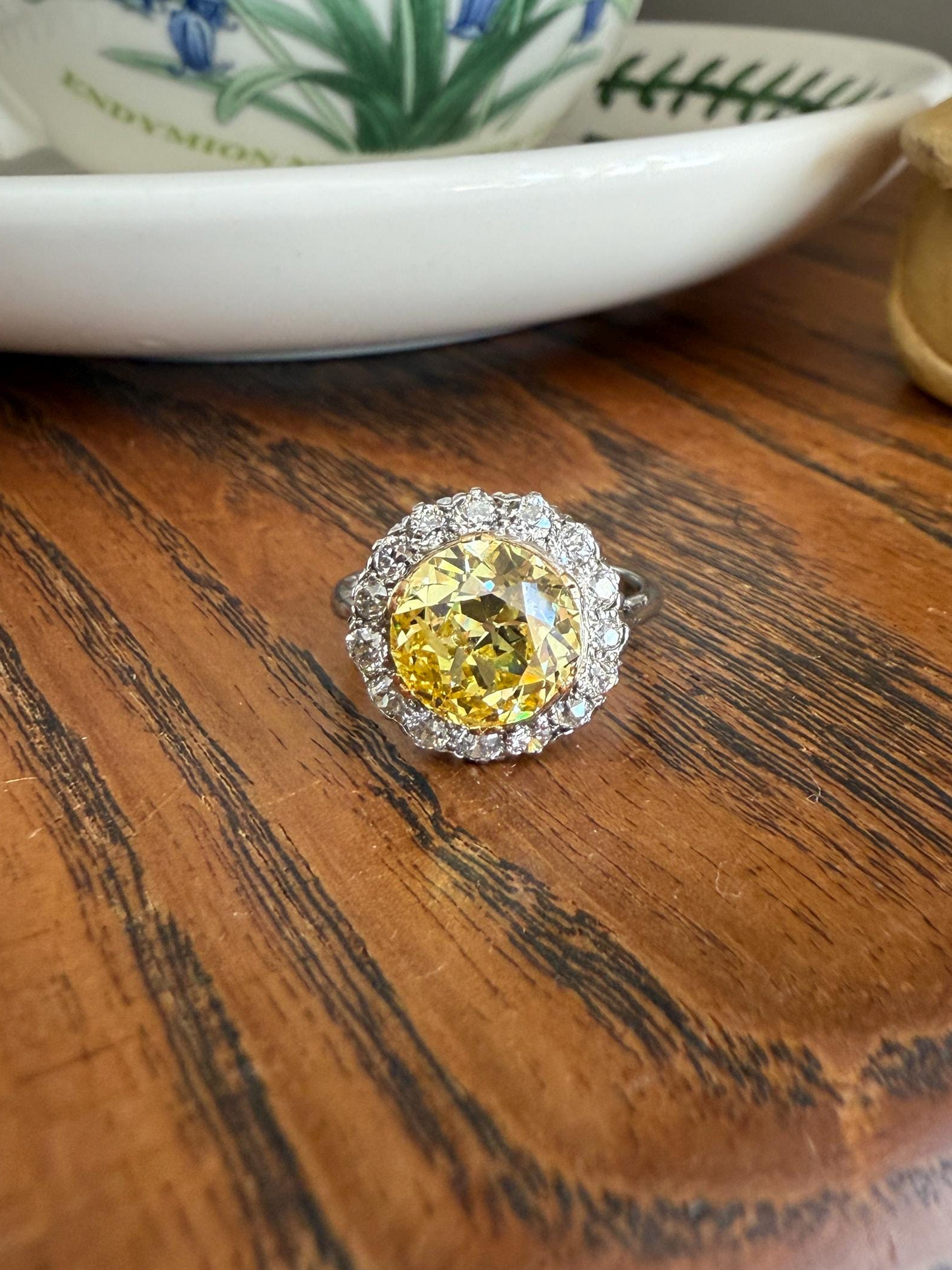 ANTIQUE Fancy Canary Yellow 2.9 Carat Old Mine Cut Diamond Colorless OMC Halo 3.65Ctw Cluster Ring Edwardian Platinum