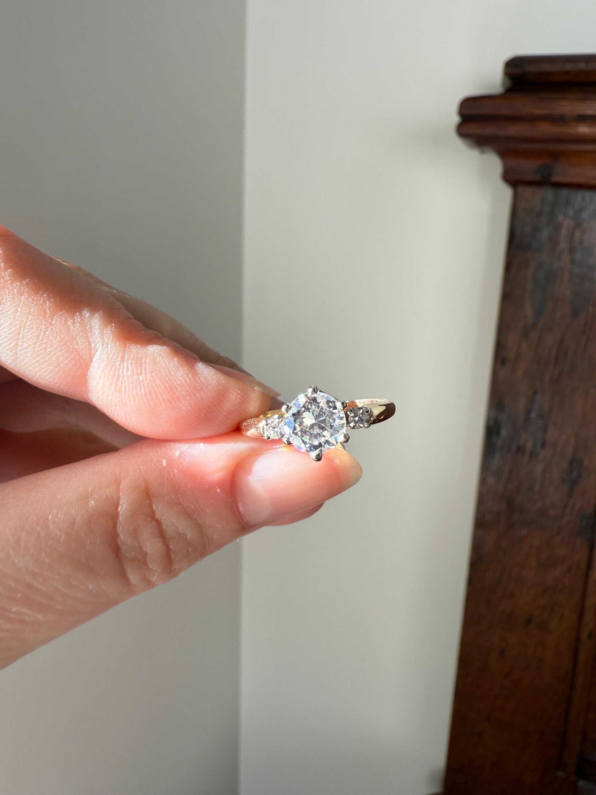 Vintage One CARAT Transitional Cut DIAMOND Eye Clean Solitaire Engagement Ring w/ accents 18k Gold Fiery Stacker