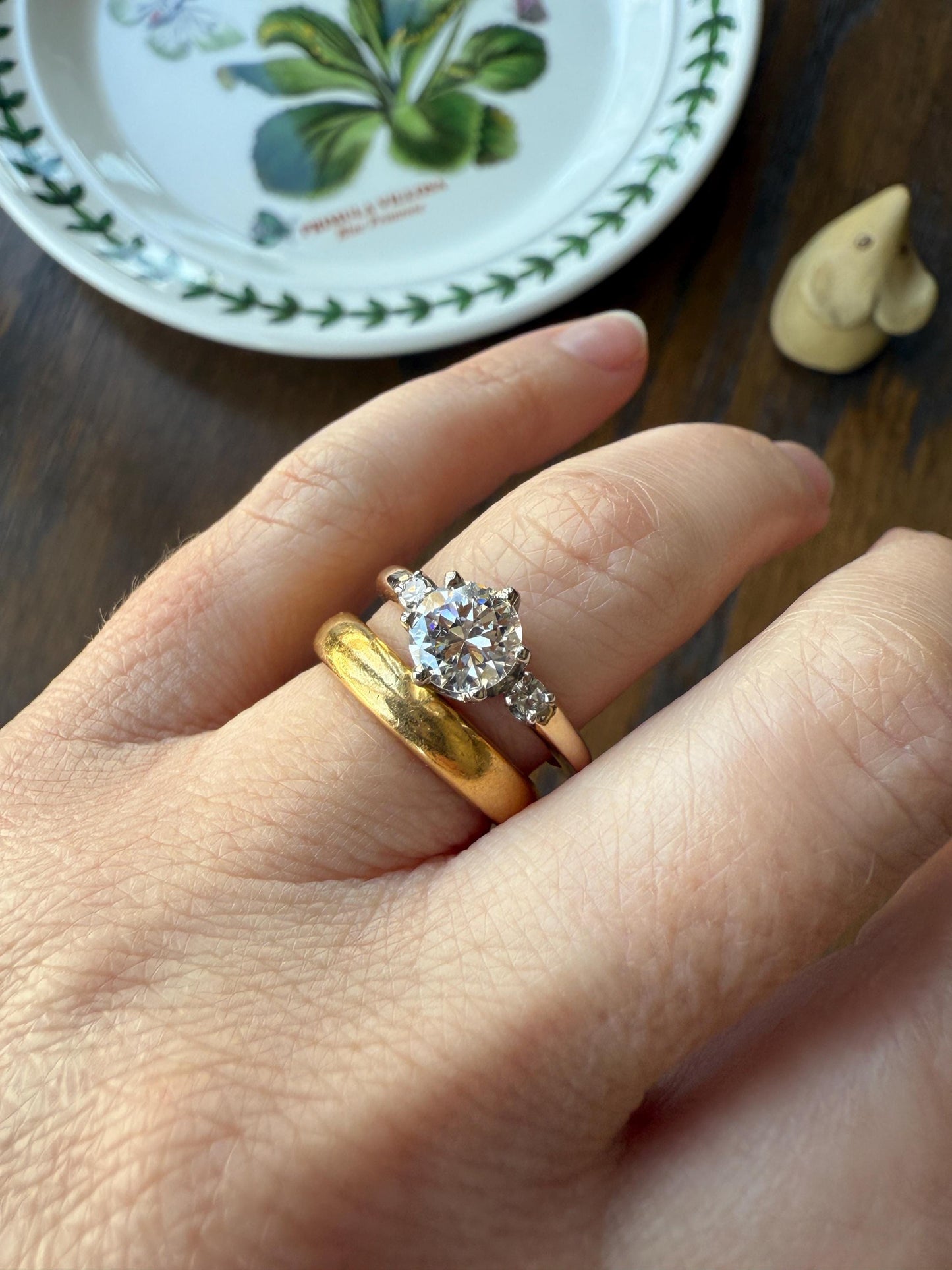 Vintage One CARAT Transitional Cut DIAMOND Eye Clean Solitaire Engagement Ring w/ accents 18k Gold Fiery Stacker