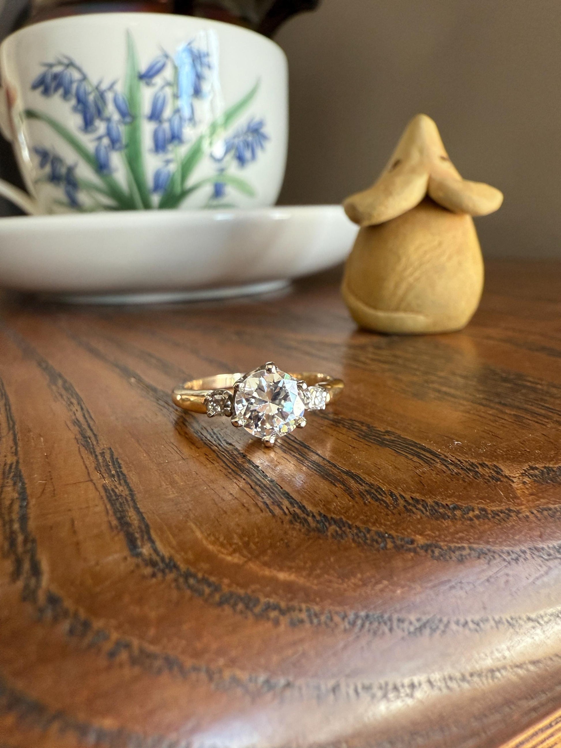 Vintage One CARAT Transitional Cut DIAMOND Eye Clean Solitaire Engagement Ring w/ accents 18k Gold Fiery Stacker